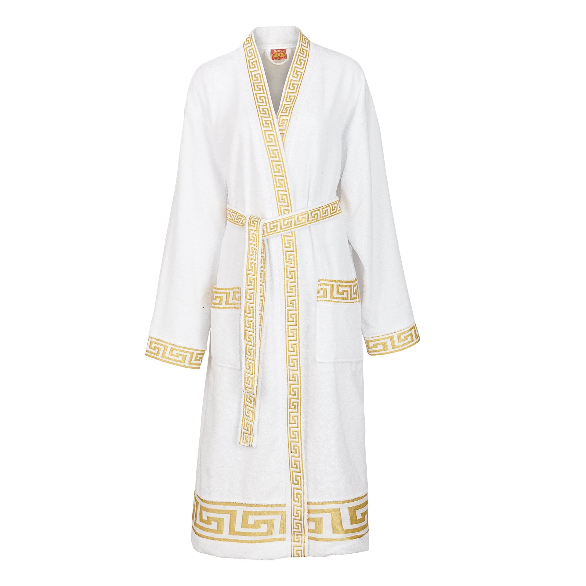 Luxus Bademantel Kimono Mäander in weiss gold für Damen & Herren - 100% Baumwolle