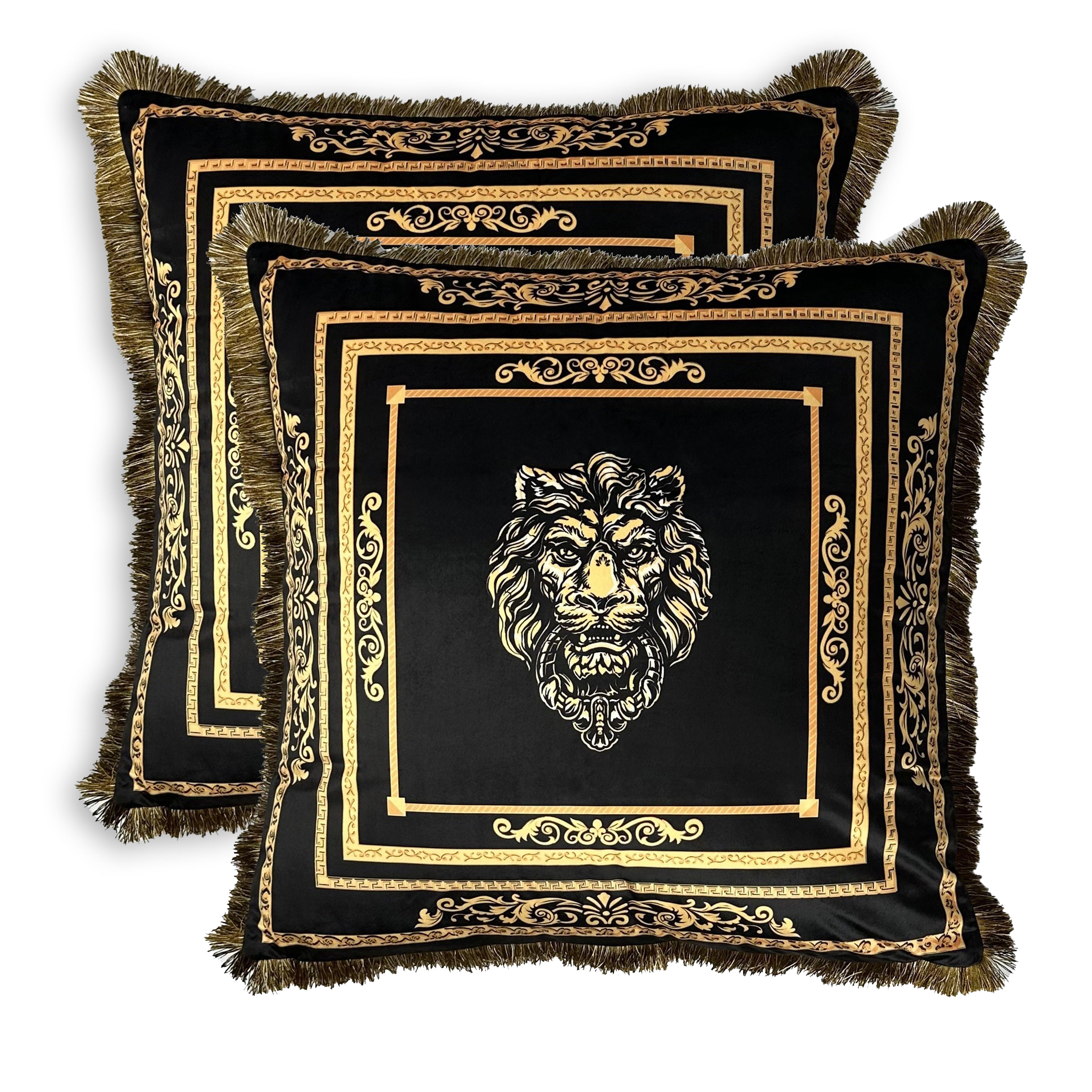 Dekokisssen mit Löwenmotiv in Seidenoptik - schwarz gold mit Füllung und Bezug