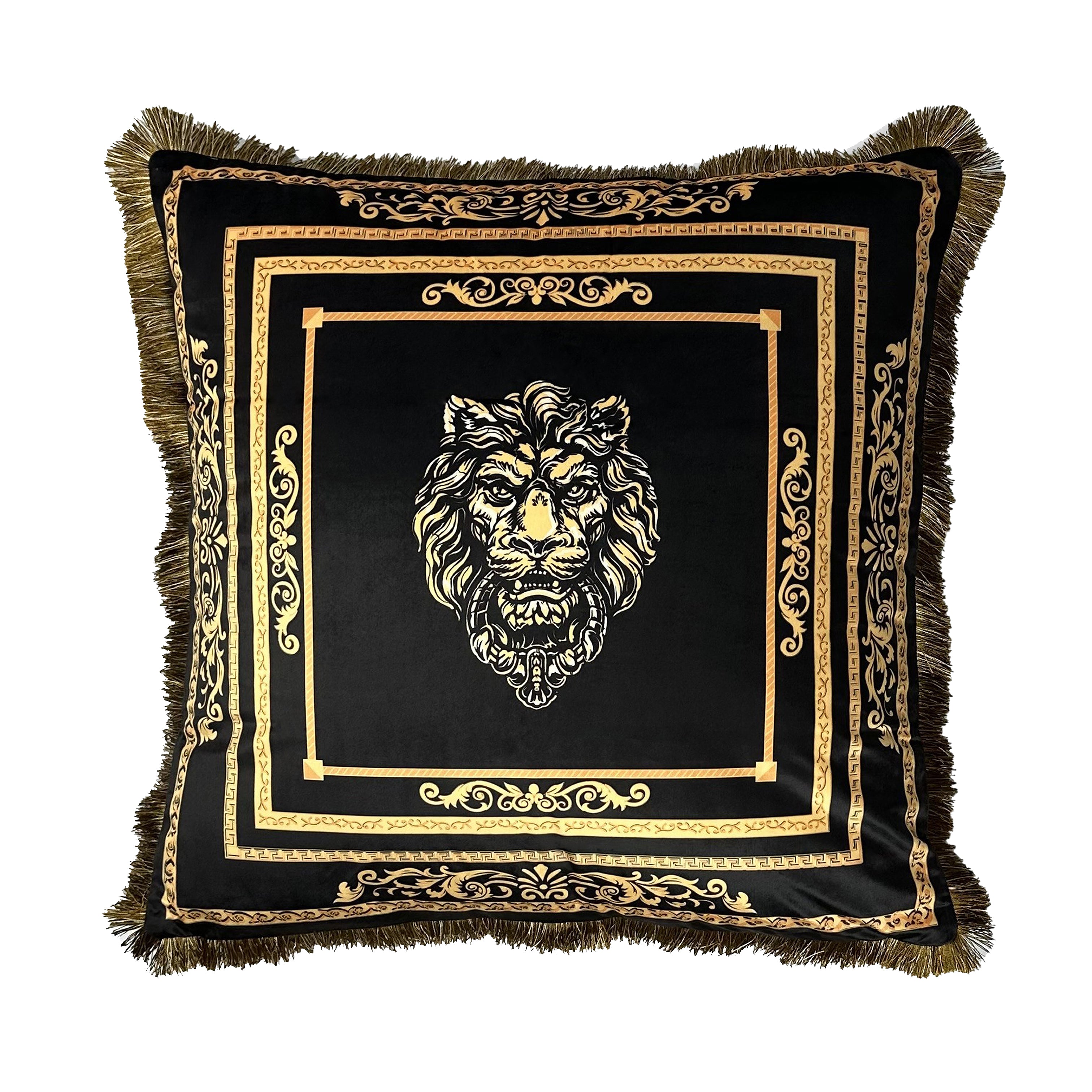 3er SET Dekokisssen mit Sherpa Decke Löwen Motiv in Seidenoptik - schwarz gold mit Füllung