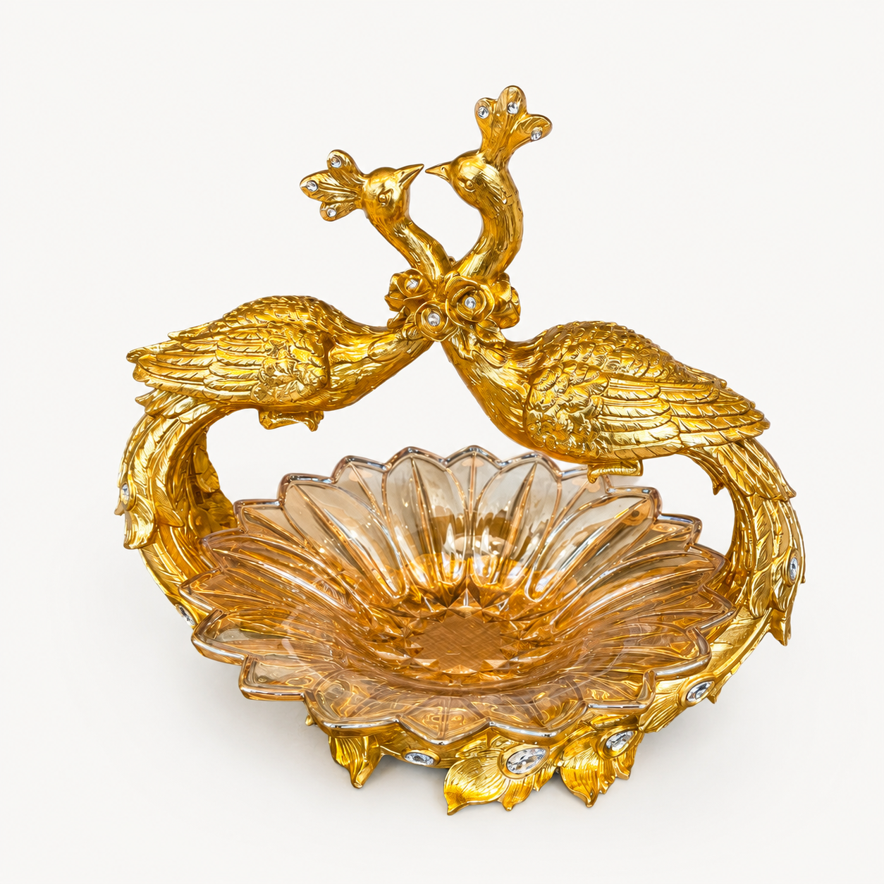 Dekorative Pfauenschale in Gold mit Glasschale