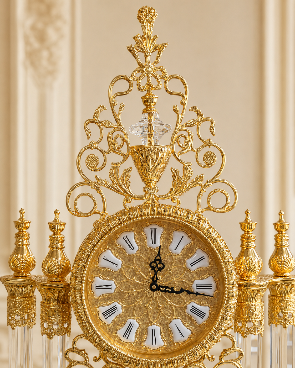 PRUNKVOLLE STANDUHR AUS MESSING; ACRYL UND MARMOR