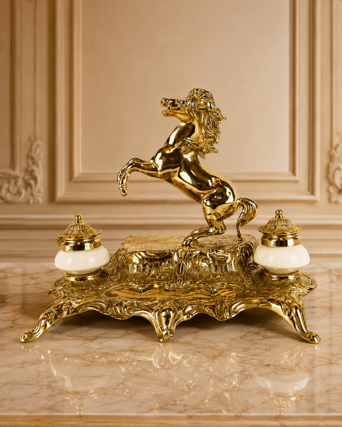 Noble inkwell holder with horse figure made of brass