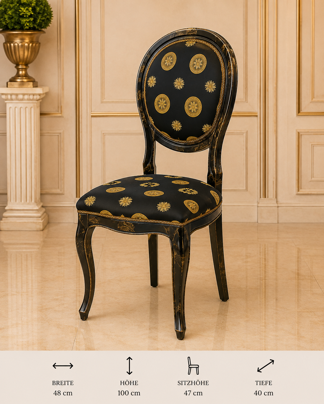 5er-Set elegante Hochglanz-Stühle in Schwarz und Gold Royal Black