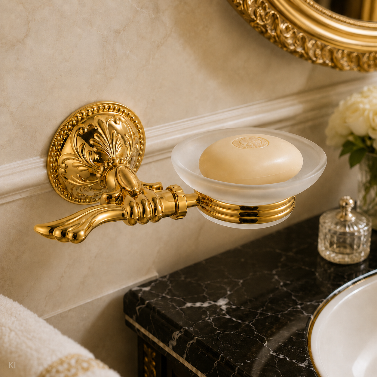 Esclusivo Wand-Seifenschale in Gold mit satiniertem Glas