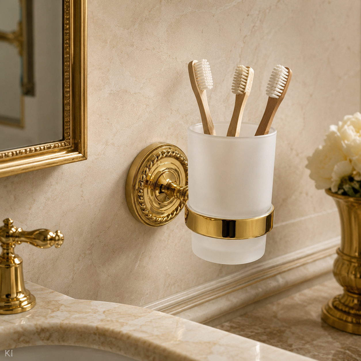Verona Zahnputzbecher mit Wandhalter in Gold und satiniertem Glas