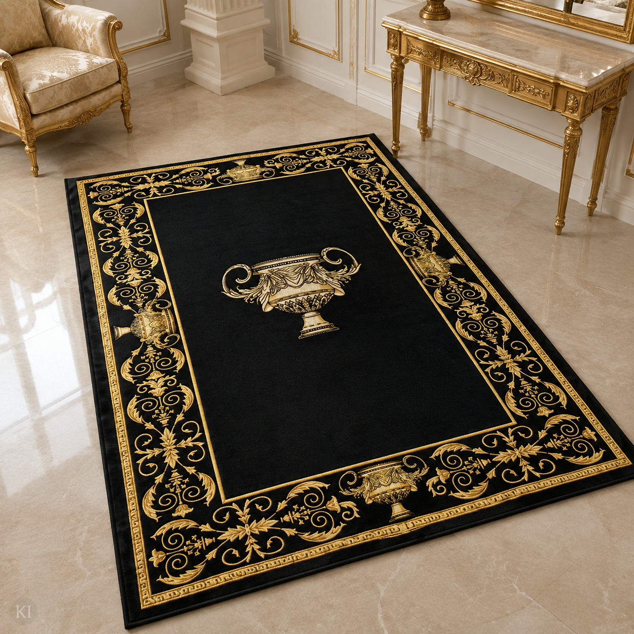 Exklusive Sherpa Decke mit Amphore Motiv in schwarz gold - 150 x 200 - warm & kuschelweich