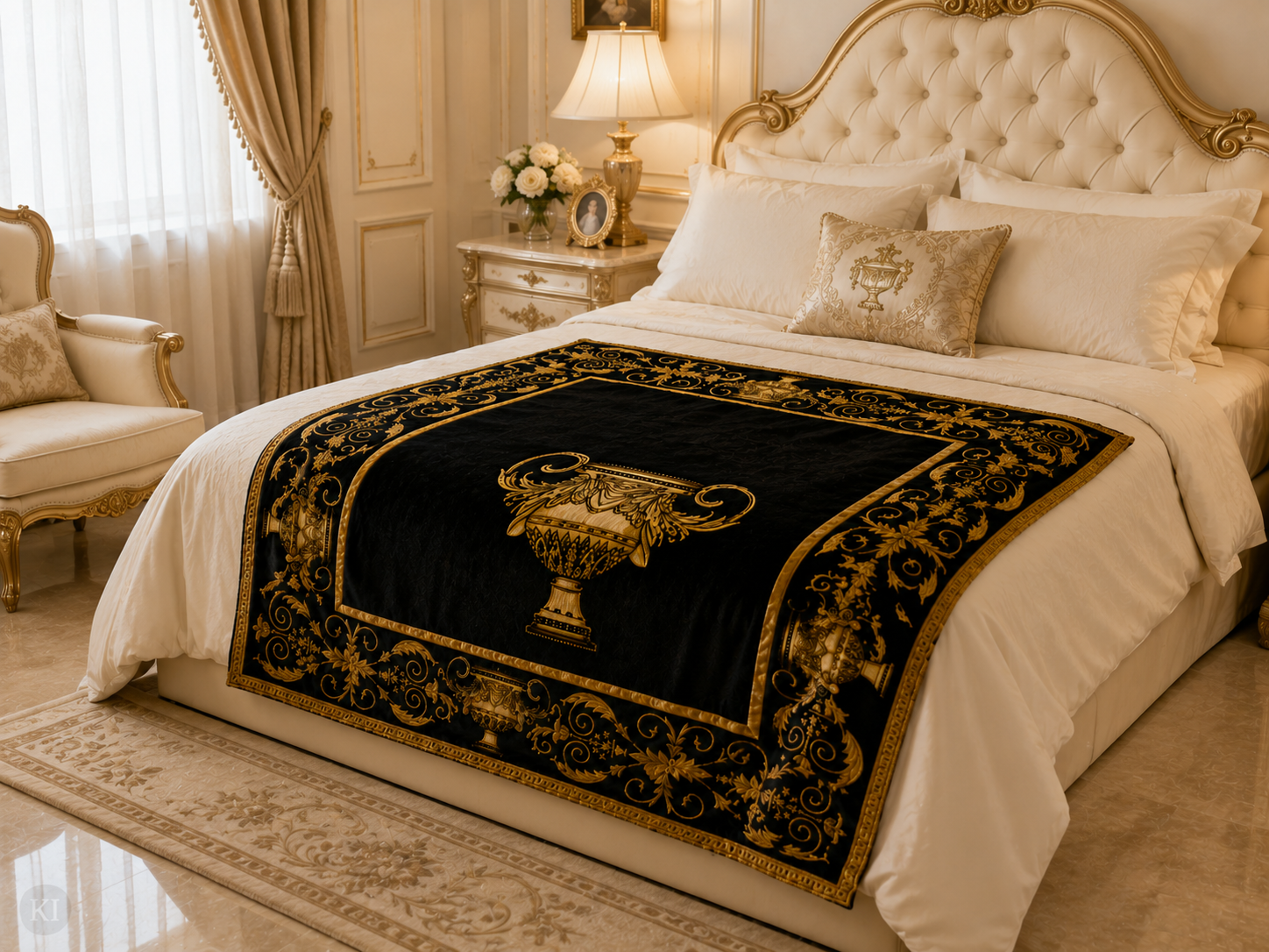 Exklusive Sherpa Decke mit Amphore Motiv in schwarz gold - 150 x 200 - warm & kuschelweich