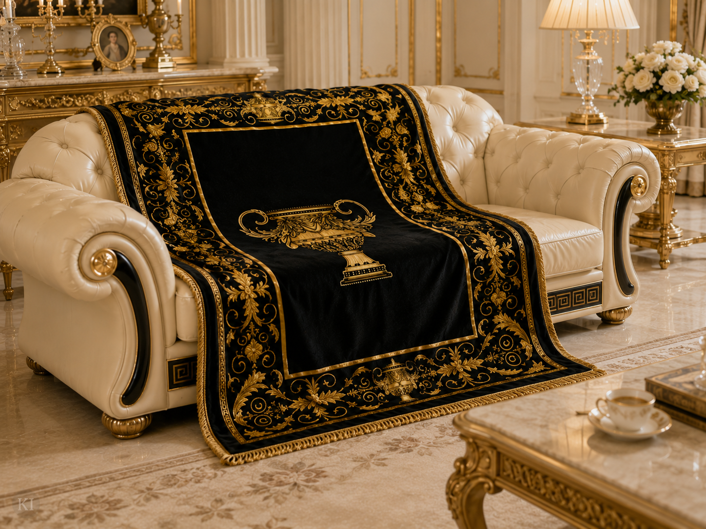 Exklusive Sherpa Decke mit Amphore Motiv in schwarz gold - 150 x 200 - warm & kuschelweich