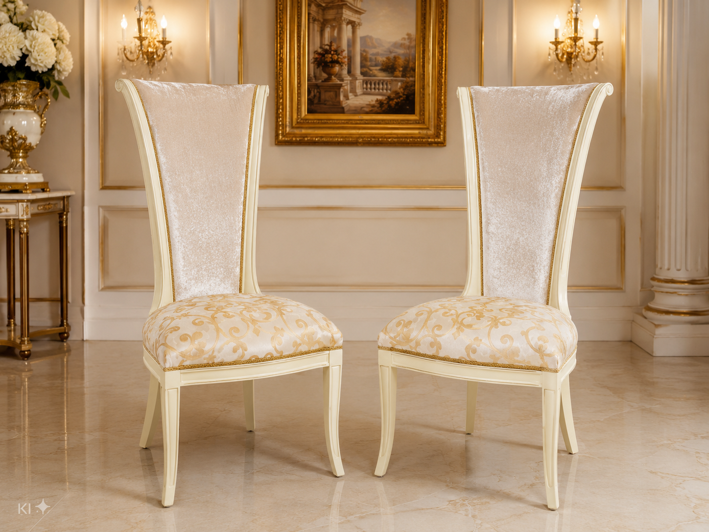 2er Set Elegante Hochlehner-Stühle – Creme/Gold im klassischen Design