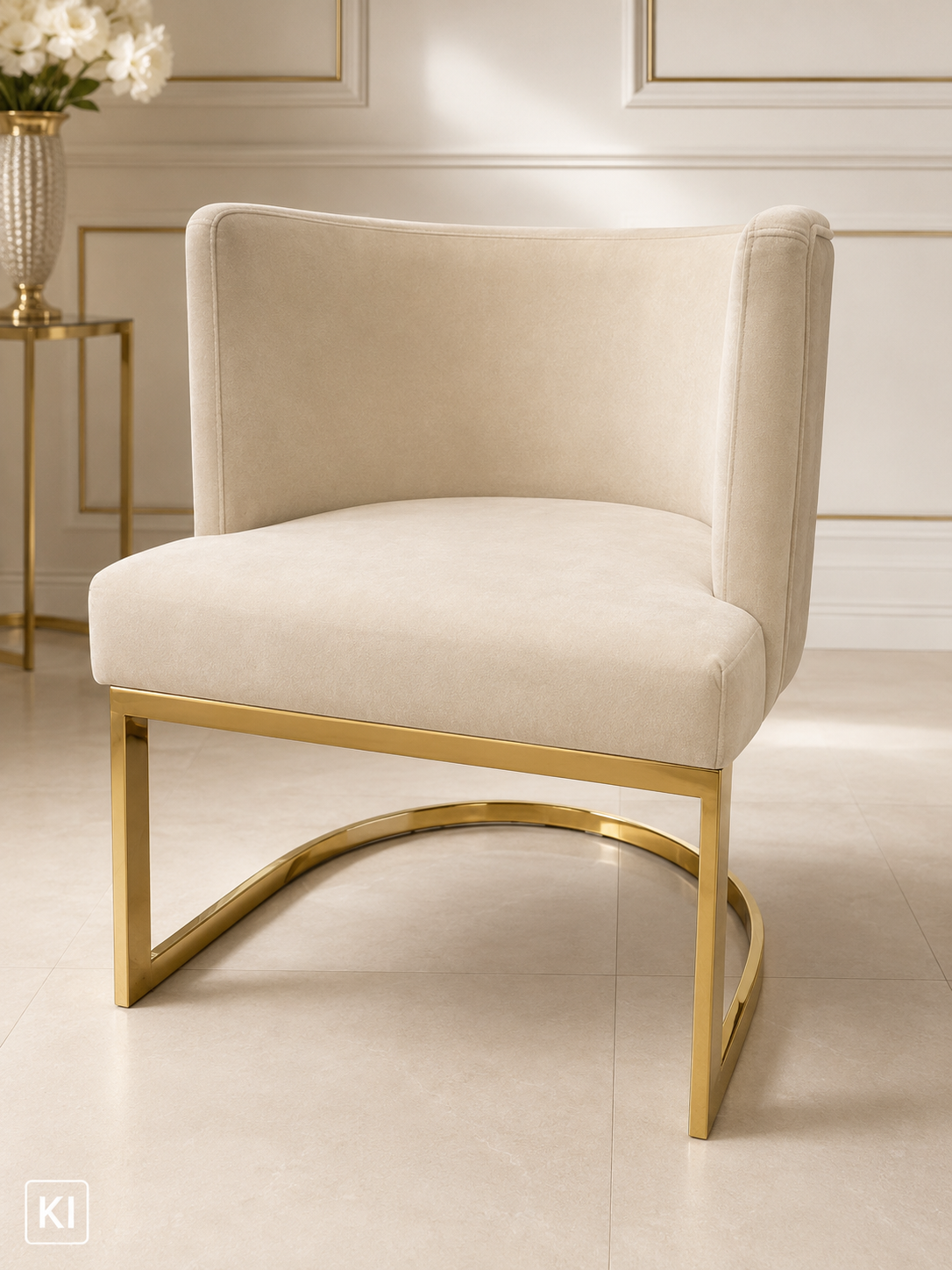 Set 4 Luxus Sessel Samt Beige mit Messinggestell
