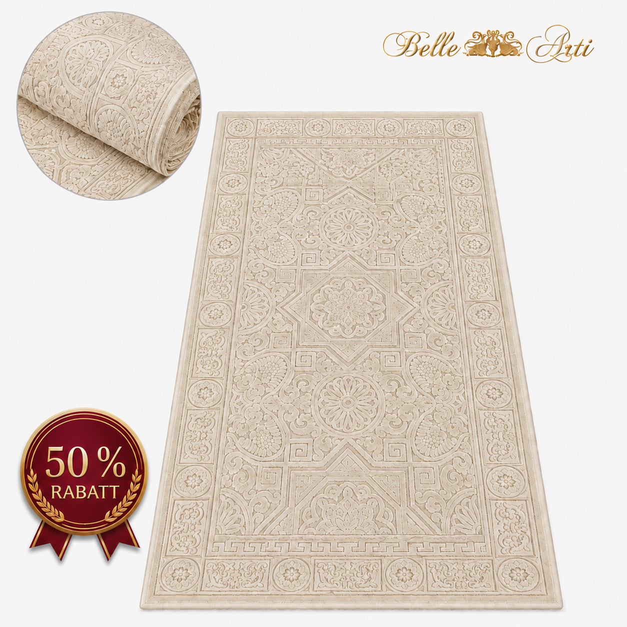 Luxus Teppich Wohnzimmer in beige- 3D Seiden-Optik - 100% Viskose