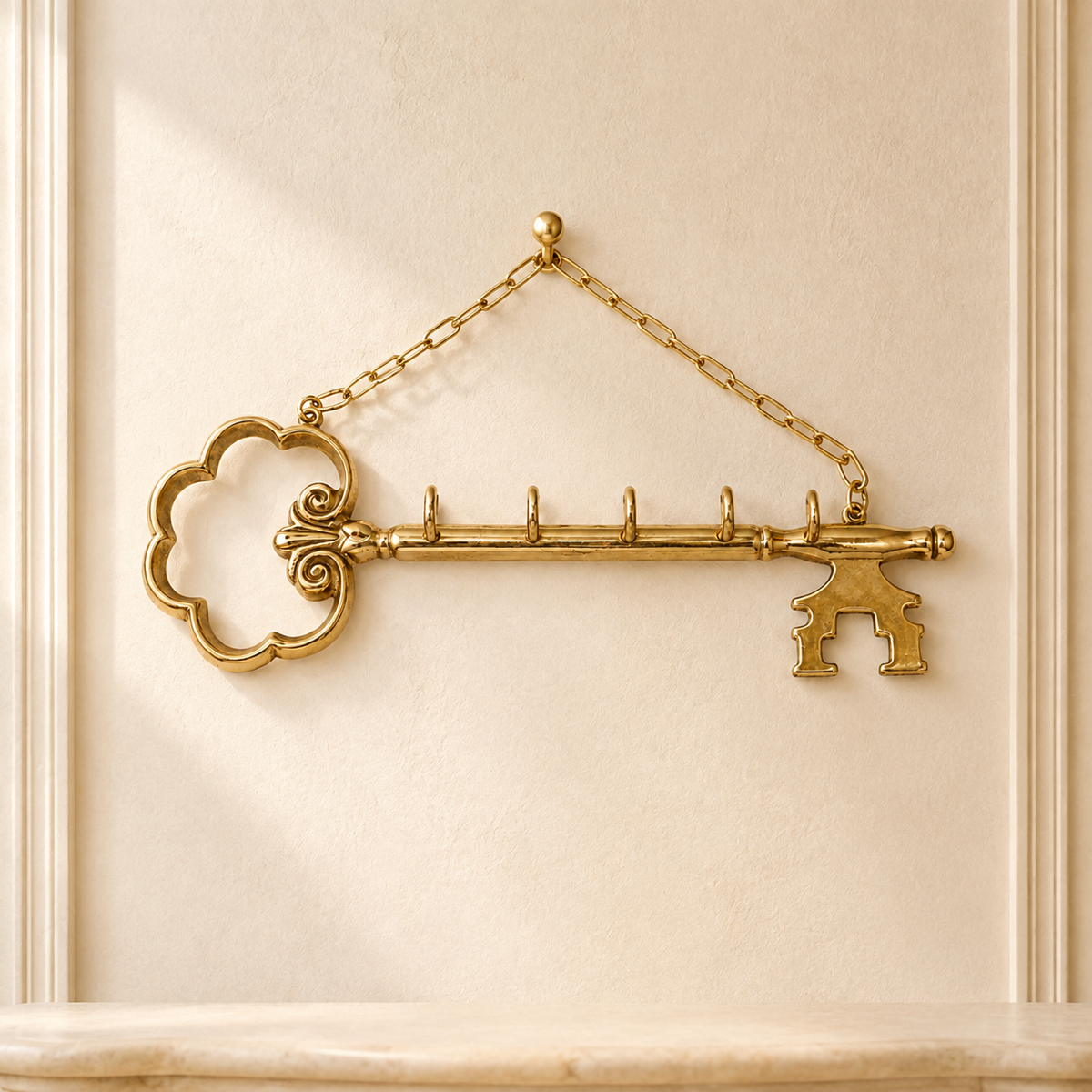 Goldfarbener Wand-Schlüsselhalter in Schlüsselform – 5 Haken im Barock-Stil