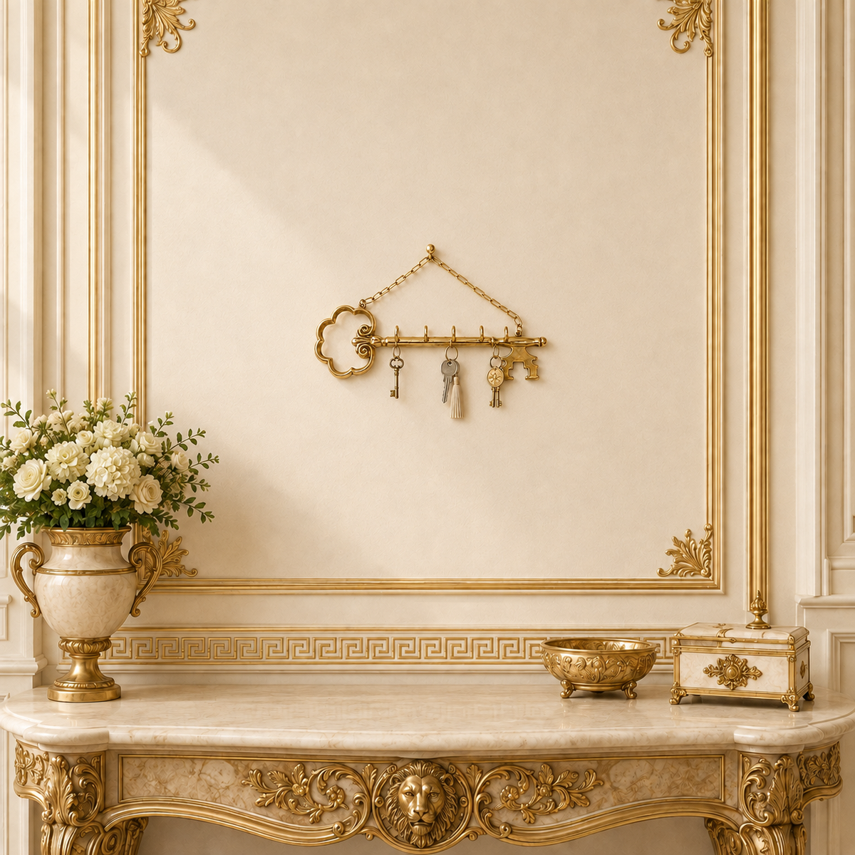 Goldfarbener Wand-Schlüsselhalter in Schlüsselform – 5 Haken im Barock-Stil