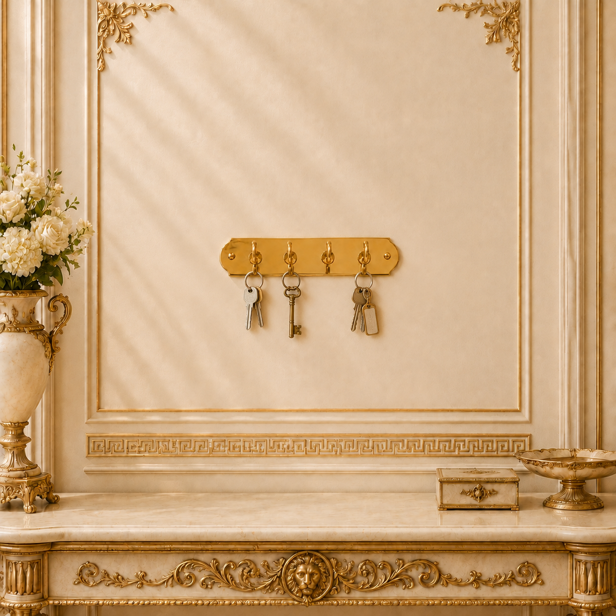 Goldfarbene Schlüsselleiste zur Wandmontage – 4 Haken im klassischen Stil