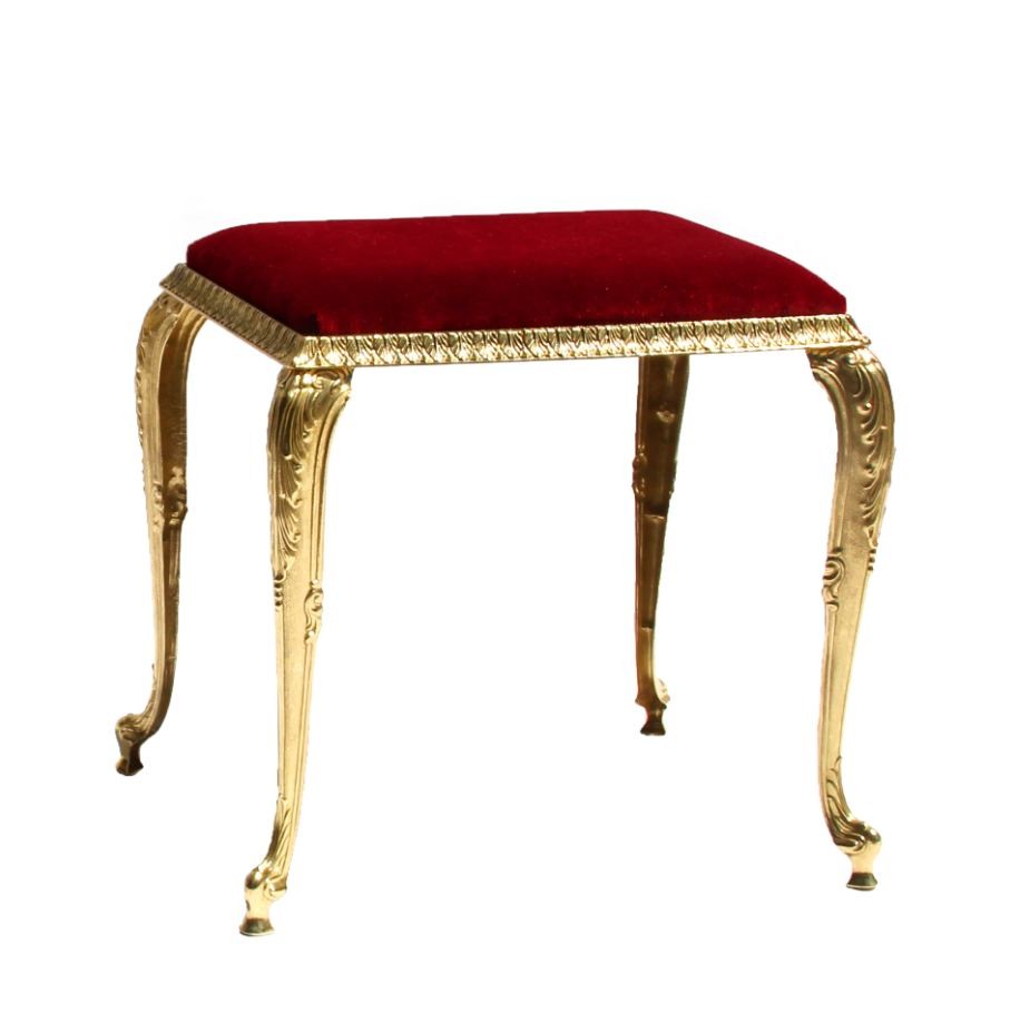 Luxus Messing Hocker Sitzhocker in Barock Design mit Metallbeinen in Gold - gepolstert Samtstoff Velours - bordeaux rot