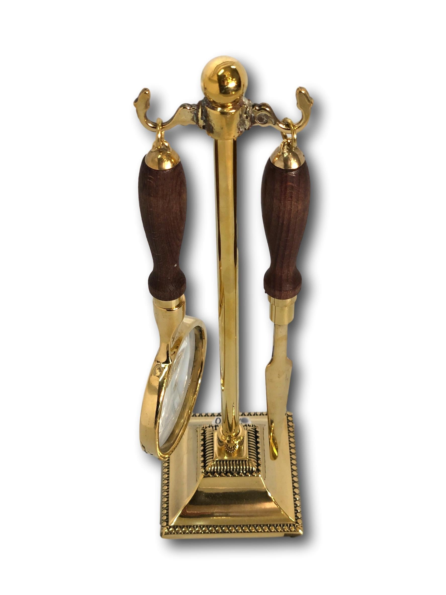 Set magnifying reading glass and letter opener brass