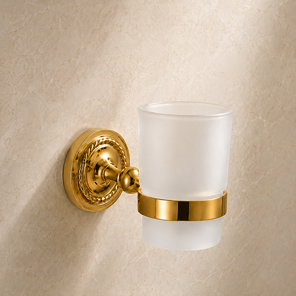 Verona Zahnputzbecher mit Wandhalter in Gold und satiniertem Glas