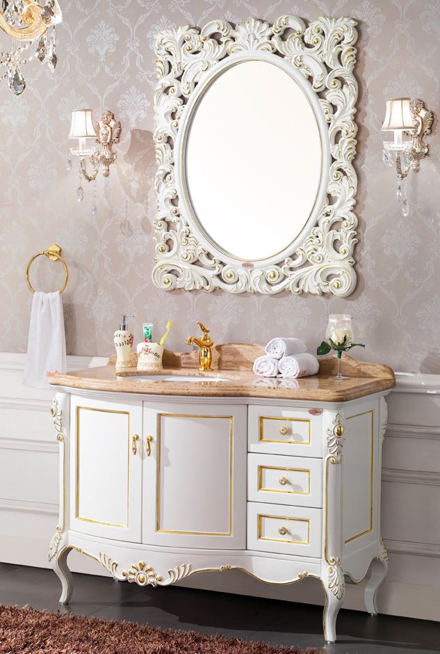 Marble vanity unit with white/gold mirror