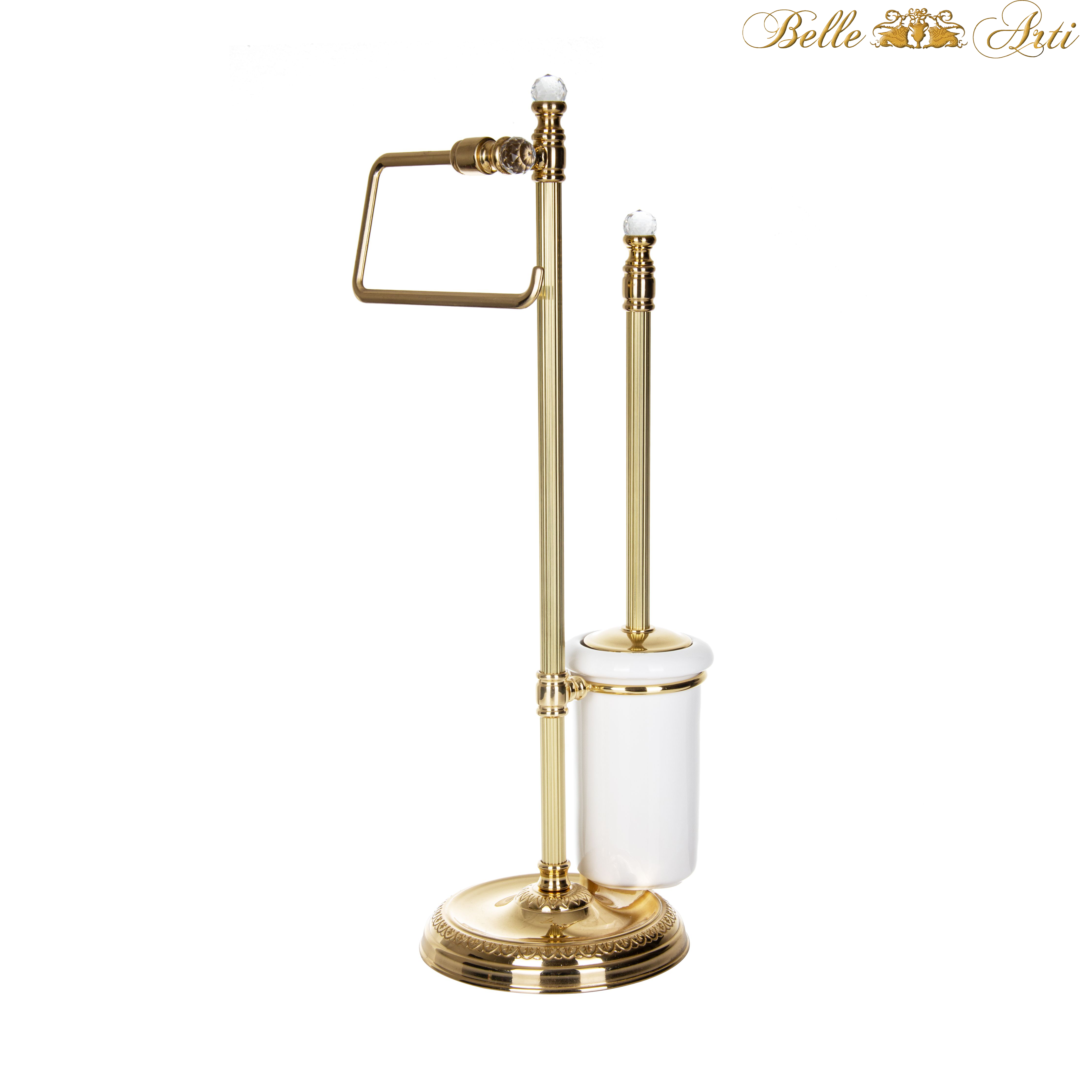 Vintage toilet brush set with toilet paper holder made of brass and ceramic - antique with crystals - standing