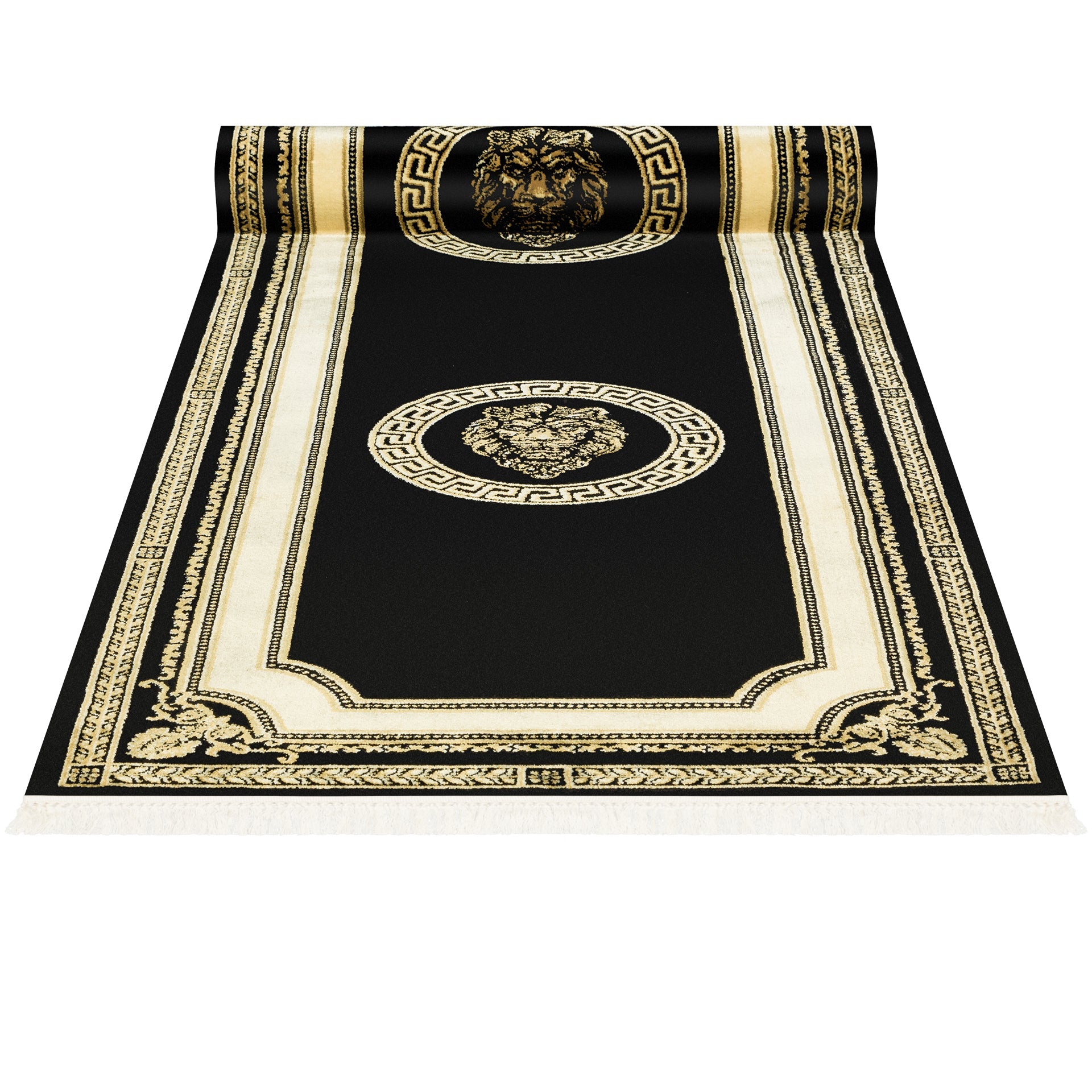 Designer Flur Teppich Läufer mit Löwe Mäander Muster in Schwarz Gold - handgeknüpfte Fransen, weich, flauschig, rutschfest, 100% Viskose