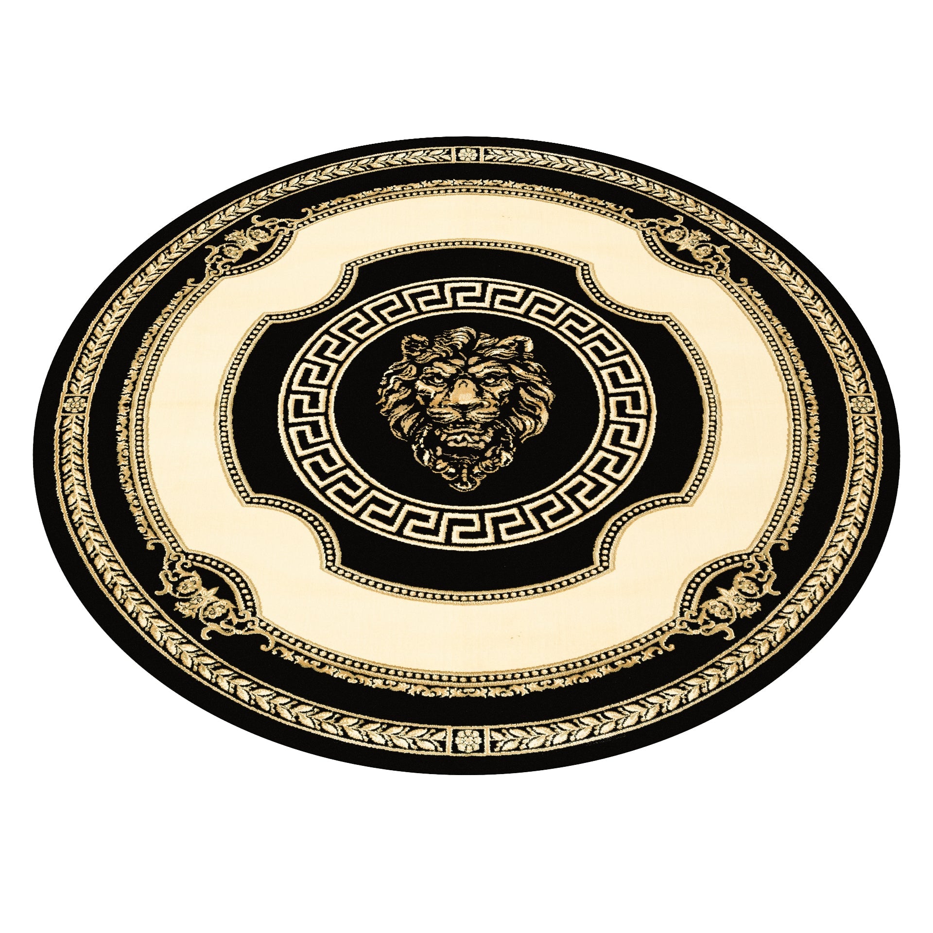 Runder Designer Teppich mit Löwe Mäander Muster in Schwarz Creme Gold