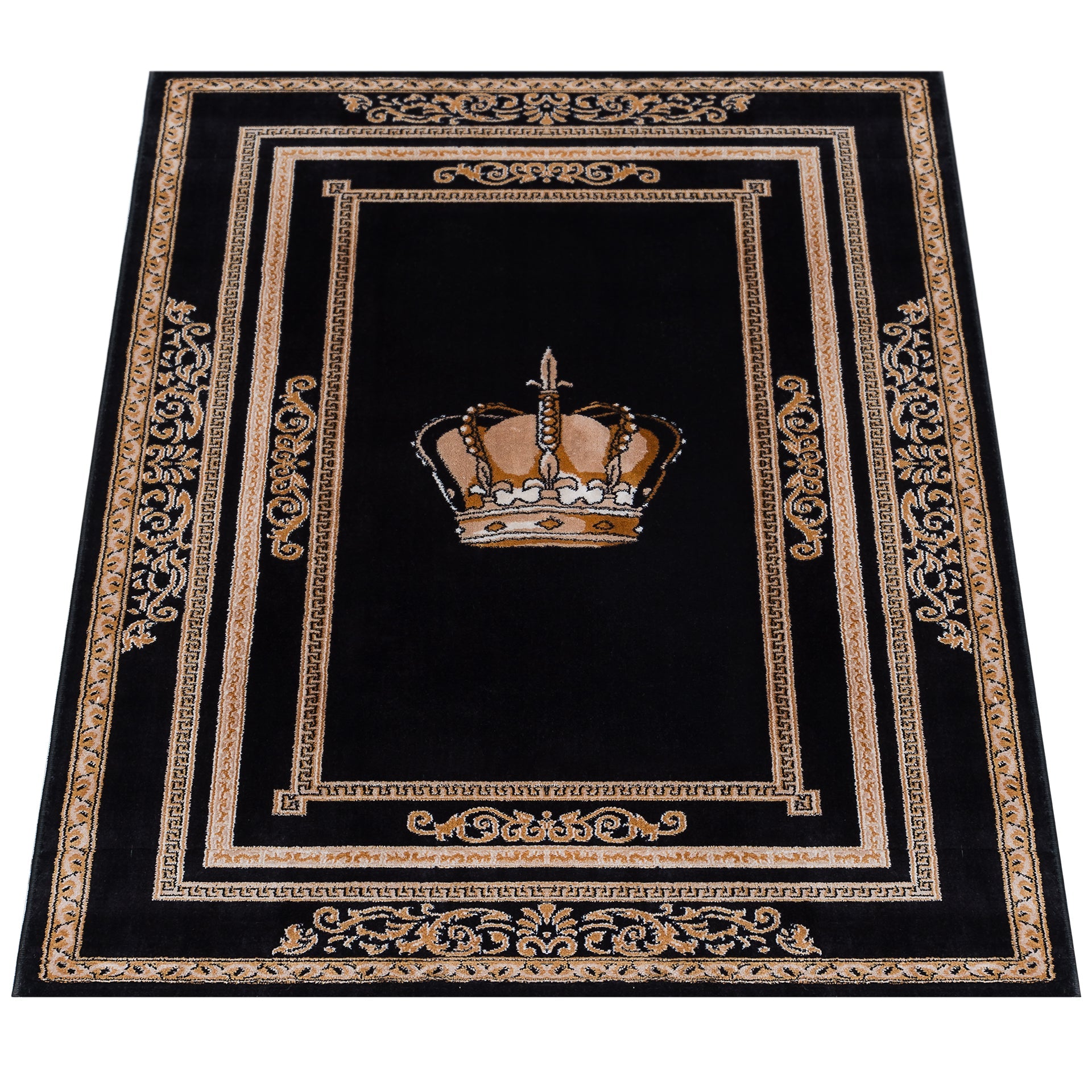 Living room carpet in black gold with elegant crown motif in Italian design - non-slip & durable
