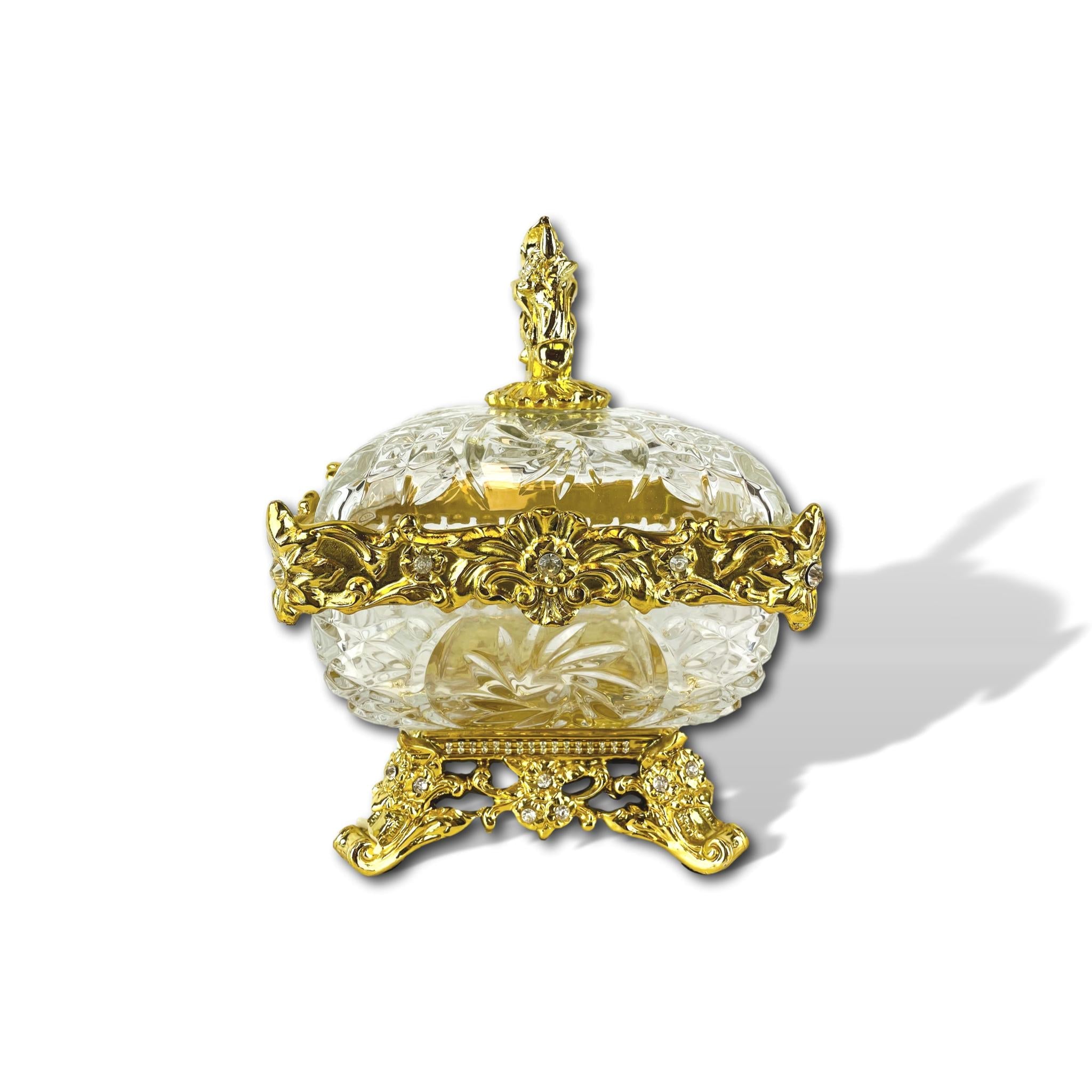 Square glass bowl with resin decorations and crystal details