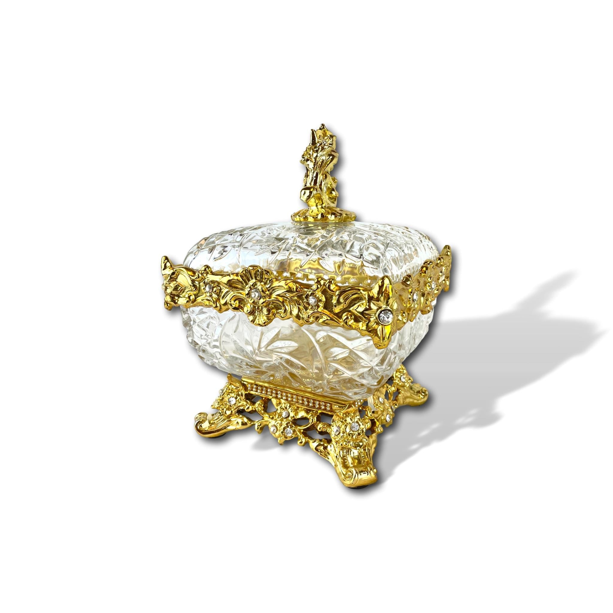 Square glass bowl with resin decorations and crystal details