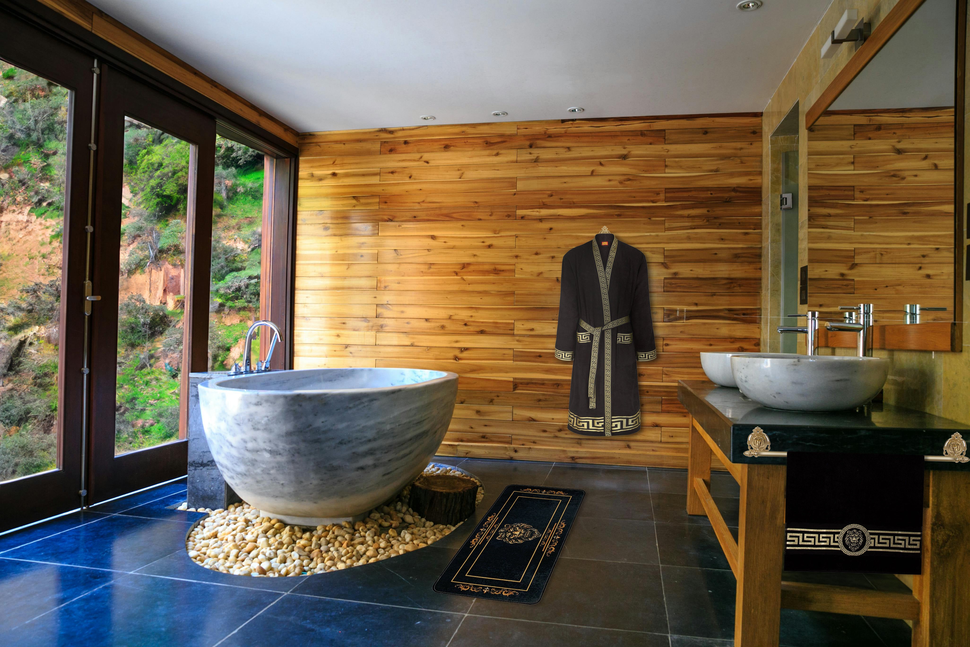 Luxus Bademantel Kimono Mäander in schwarz gold für Damen & Herren - 100% Baumwolle