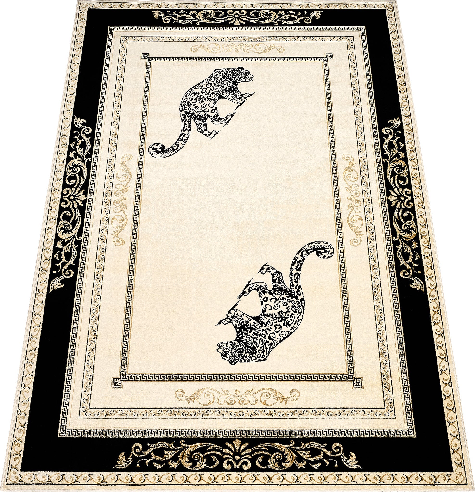 Luxus Teppich mit Panther Motiv - Eleganz in schwarz gold - Italienisches Flair - kurzflor, weich, flauschig - 100% Viskose
