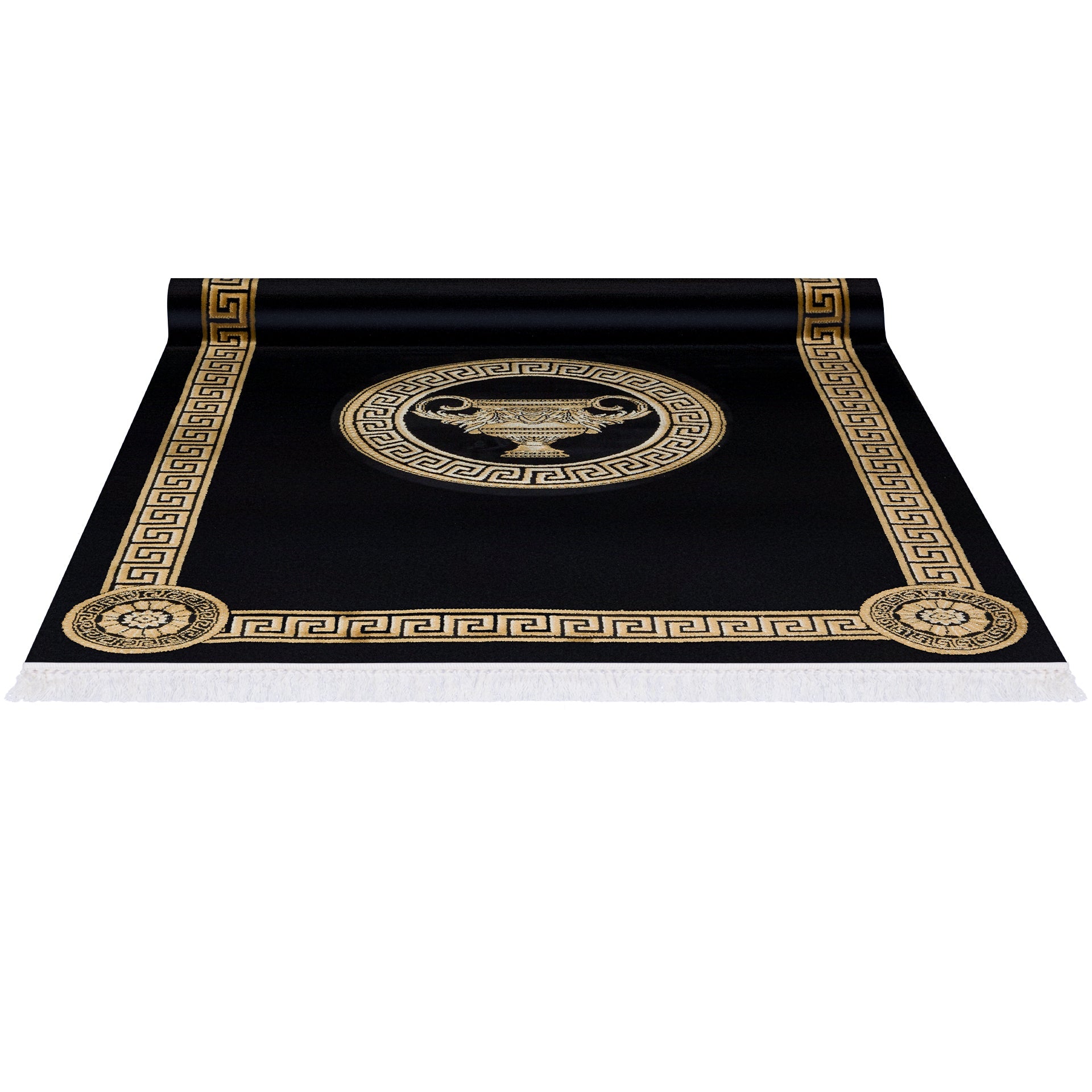 Luxus Teppich Wohnzimmer mit Amphore Motiv in schwarz gold - 100% Viskose - Kurzflor & Seidenglanz