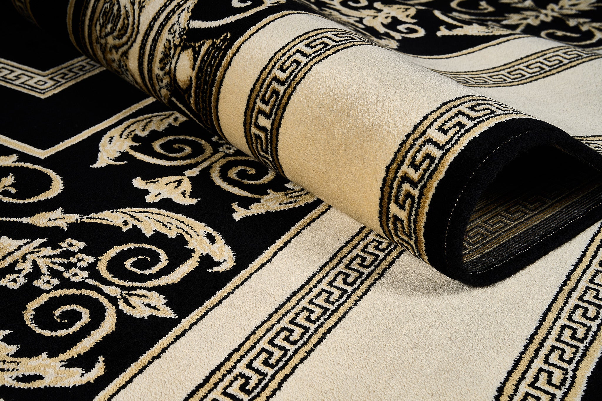 Luxus Designer Teppich Mike Milano in Schwarz Gold mit Amphore Motiv - 100% Viskose hochwertig, rutschfest, allergikerfreundlich, Fußbodenheizung geeignet