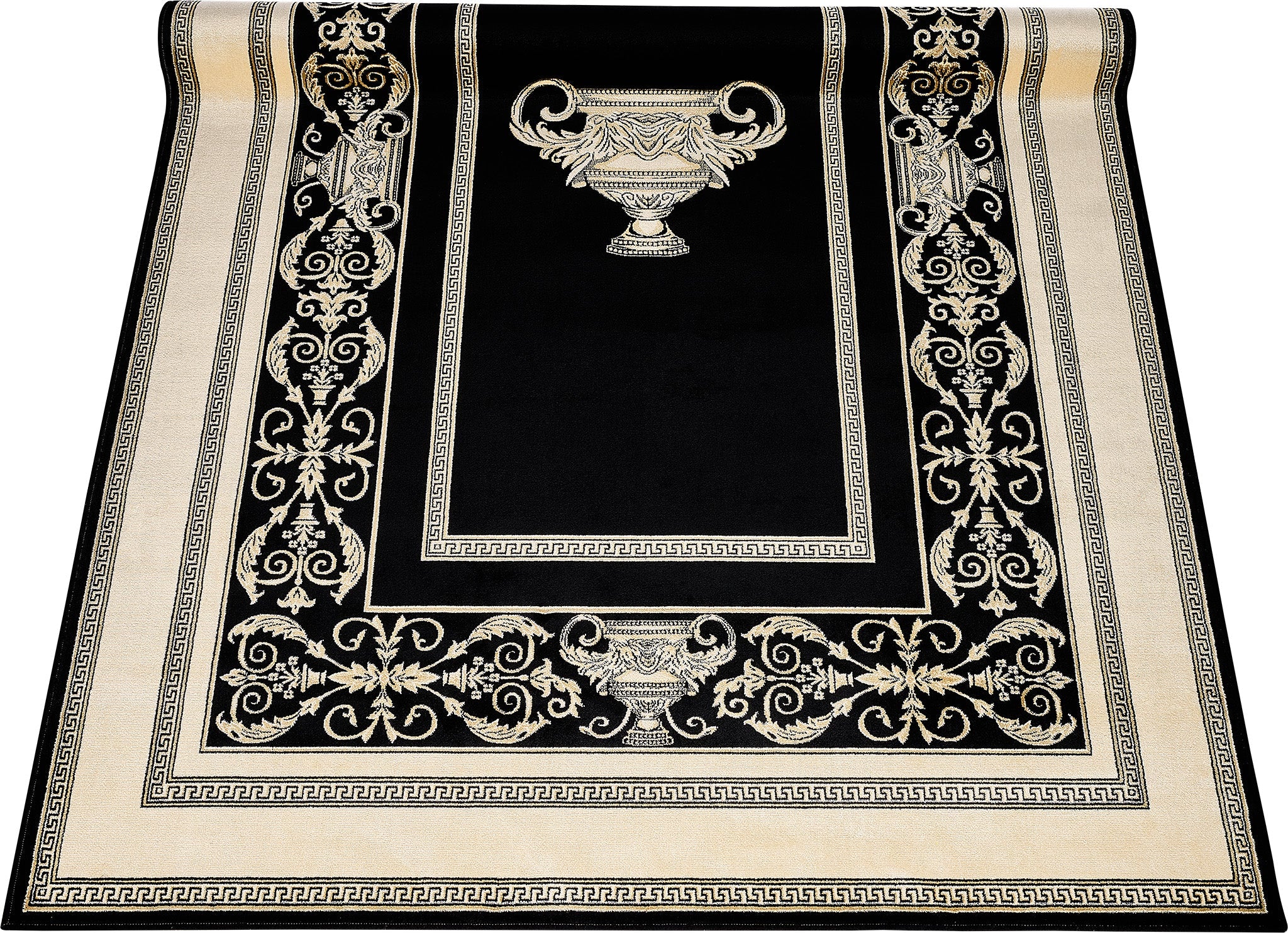 Luxus Designer Teppich Mike Milano in Schwarz Gold mit Amphore Motiv - 100% Viskose hochwertig, rutschfest, allergikerfreundlich, Fußbodenheizung geeignet