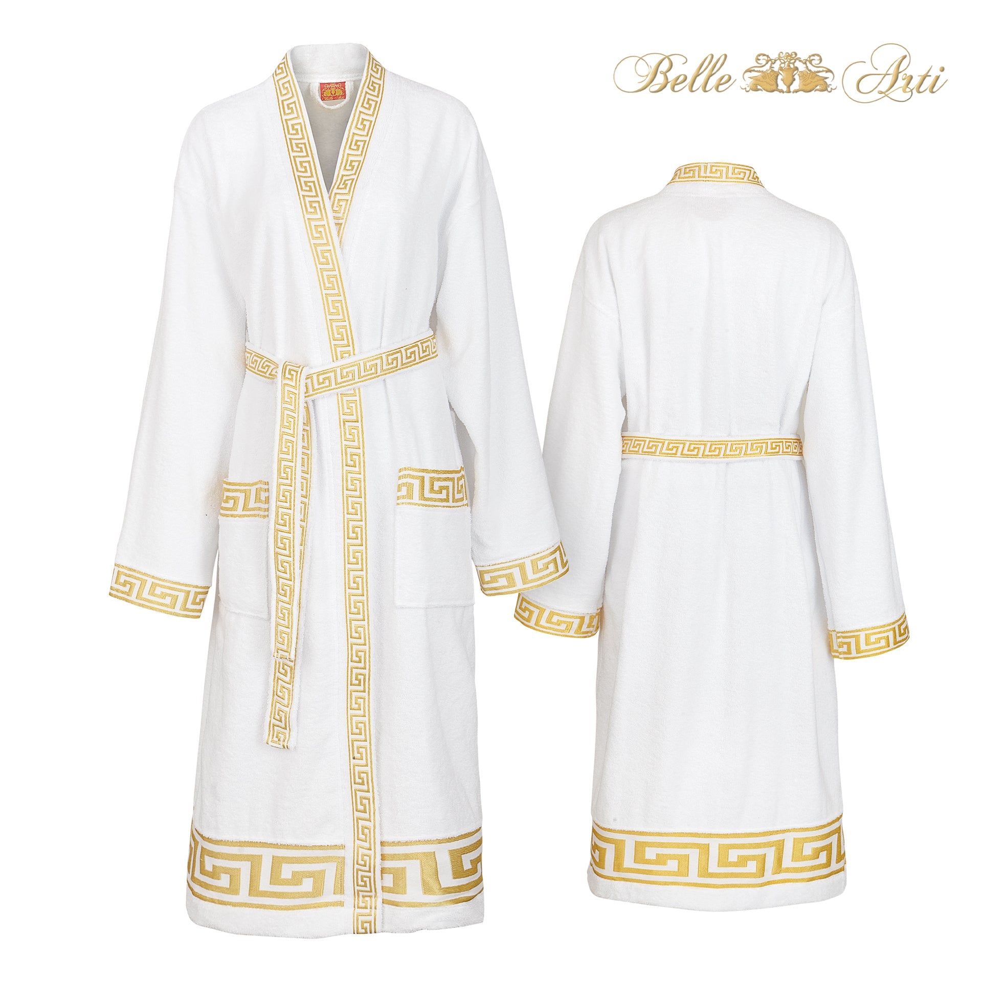 Luxus Bademantel Kimono Mäander in weiss gold für Damen & Herren - 100% Baumwolle