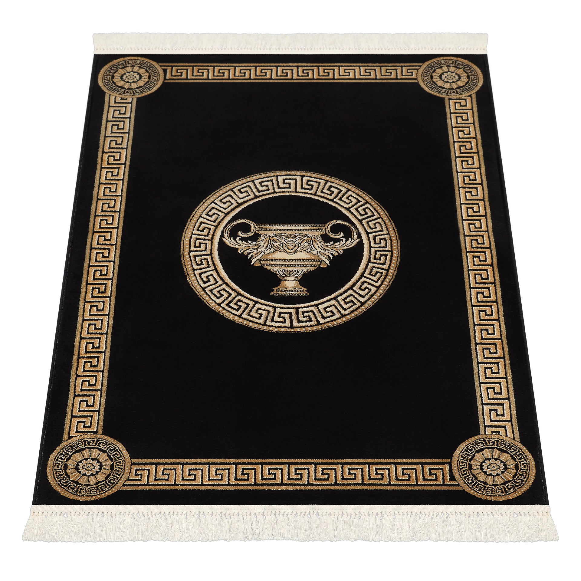 Luxus Teppich Wohnzimmer mit Amphore Motiv in schwarz gold - 100% Viskose - Kurzflor & Seidenglanz