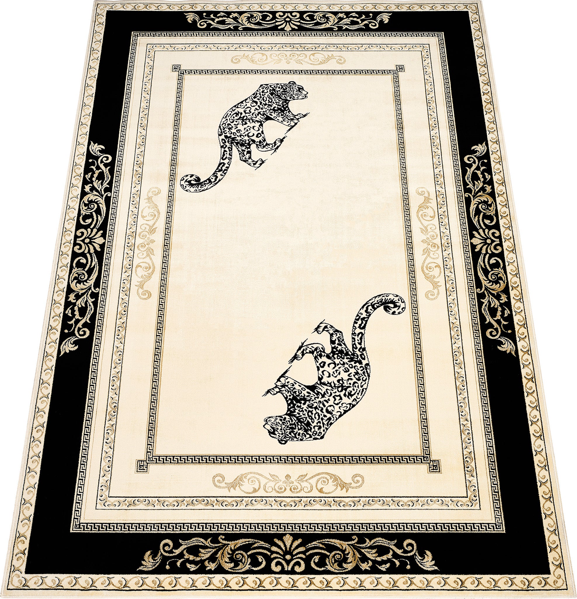Luxus Teppich Jaguar Motiv - schwarz beige gold - 100% Viskose