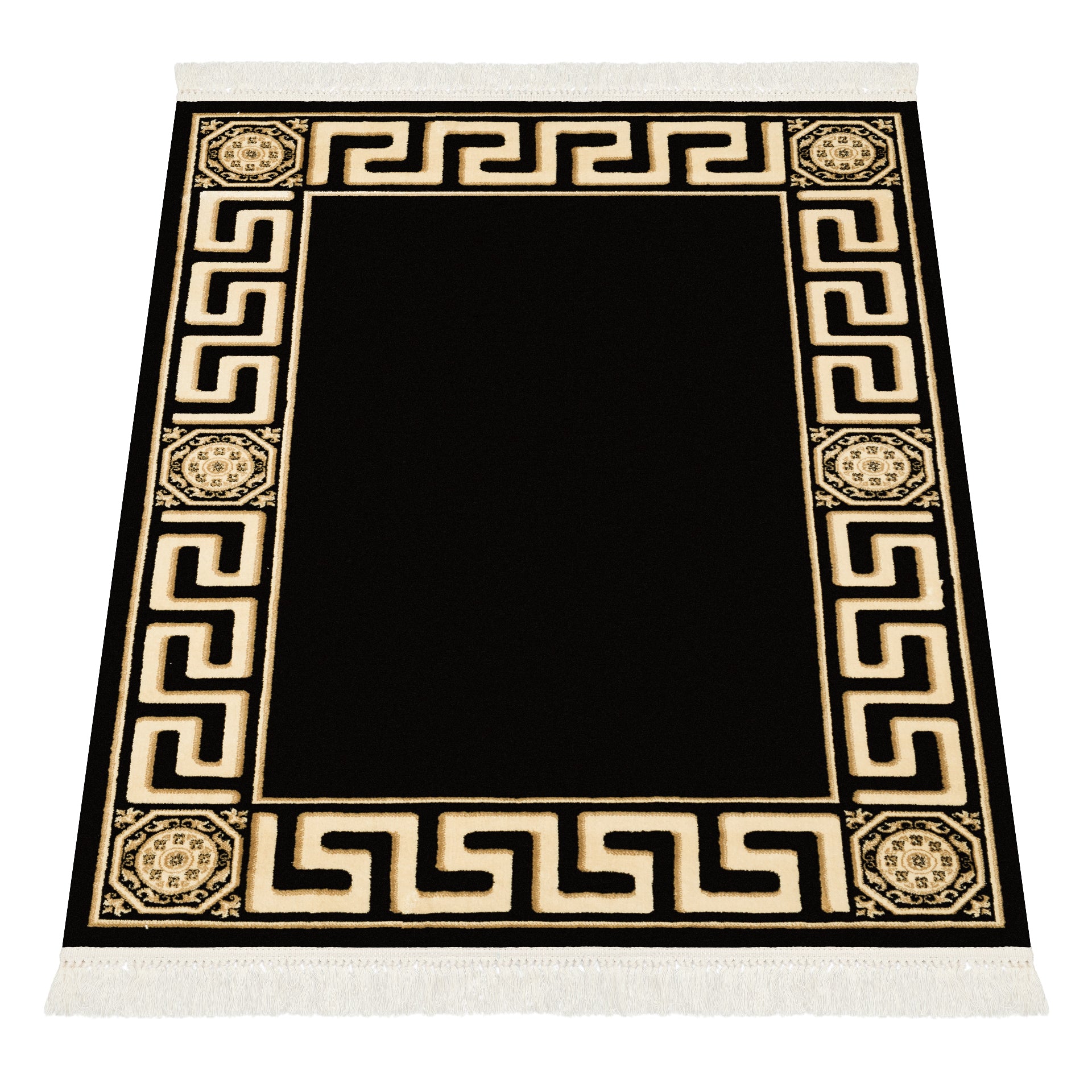 Premium Designer Teppich schwarz gold mit Mäander Motiv - 100% Viskose & Seidenglanz