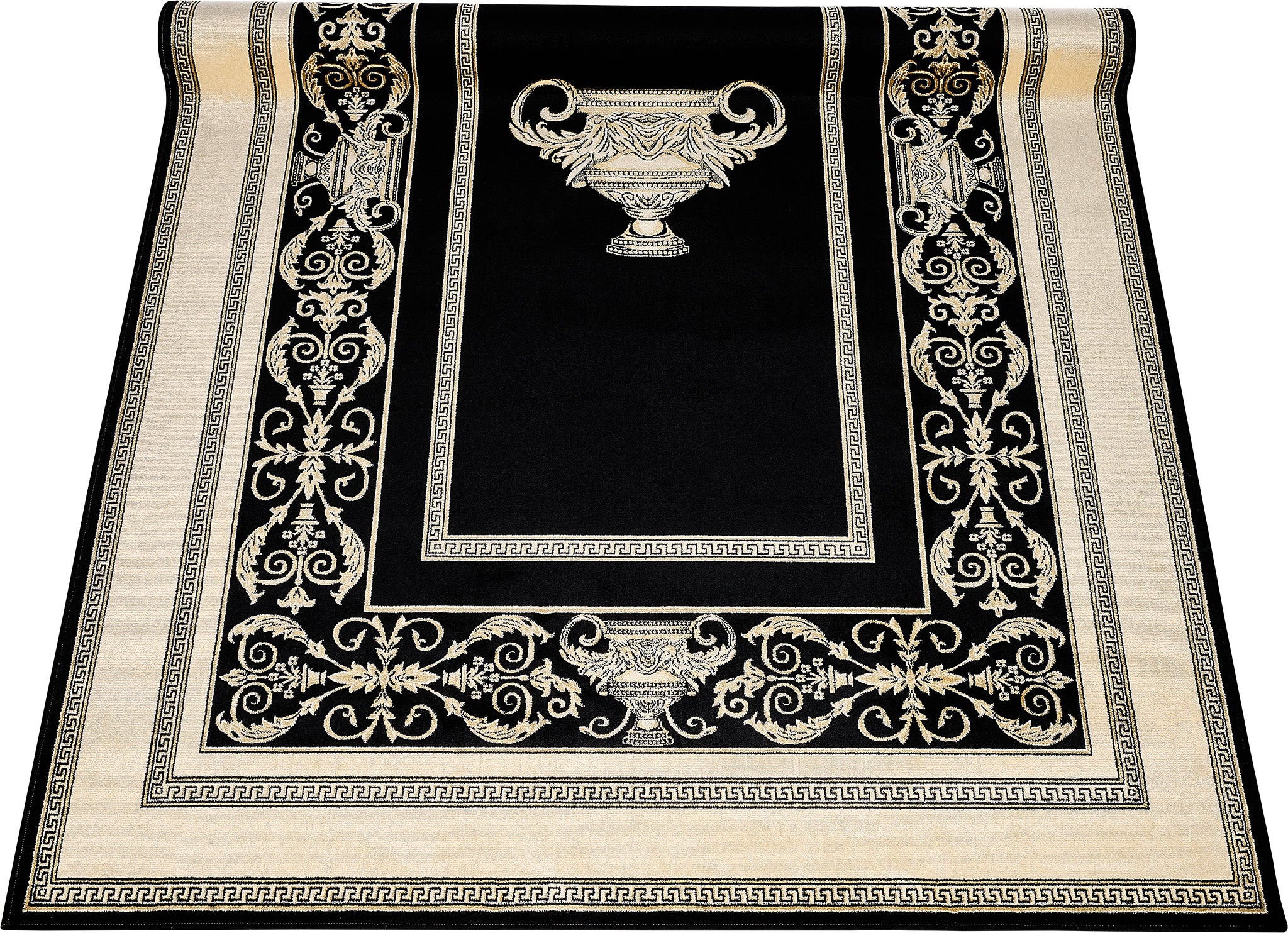 Luxus Designer Teppich Mike Milano in Schwarz Gold mit Amphore Motiv - 100% Viskose hochwertig, rutschfest, allergikerfreundlich, Fußbodenheizung geeignet