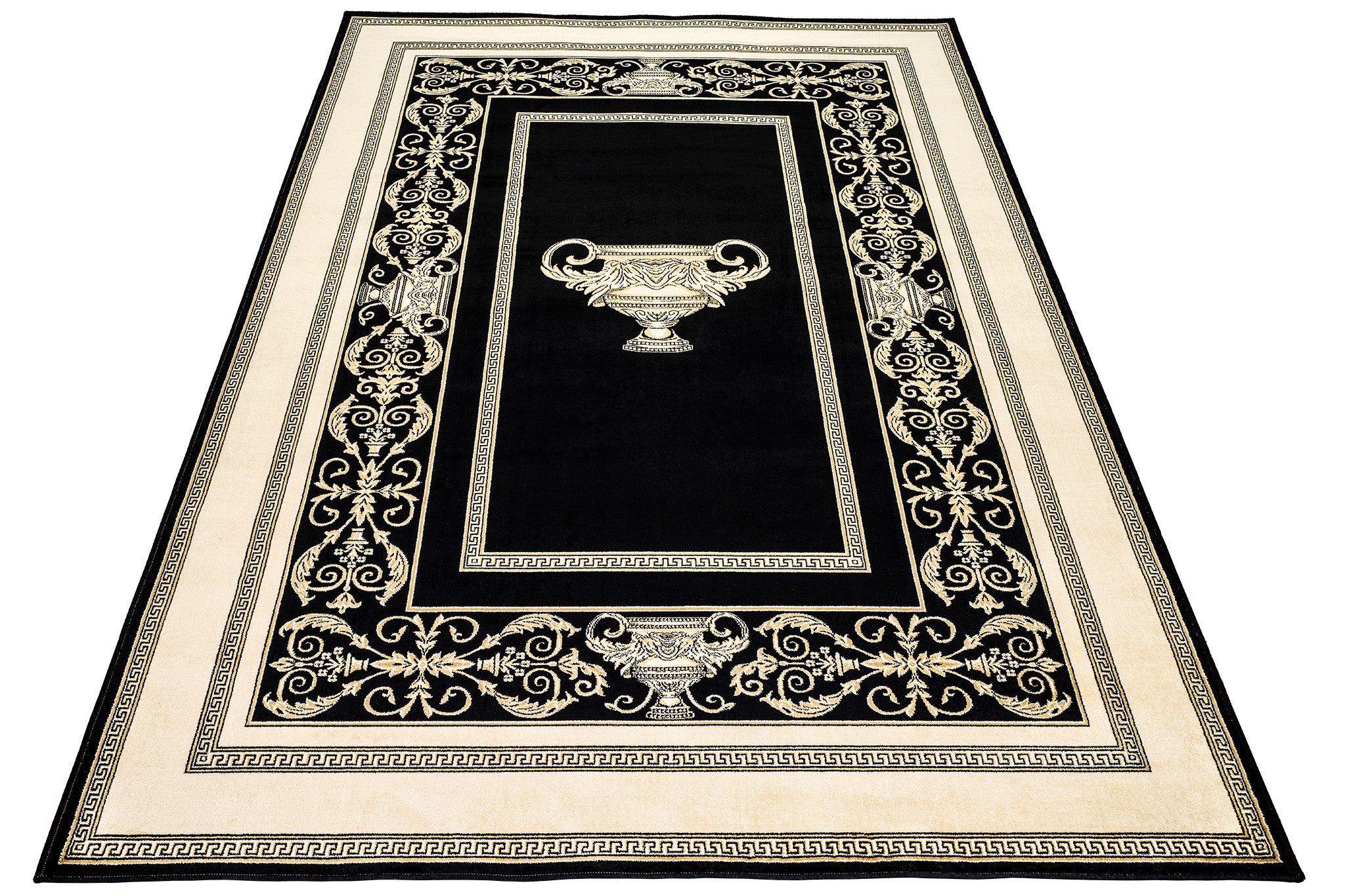 Luxus Designer Teppich Mike Milano in Schwarz Gold mit Amphore Motiv - 100% Viskose hochwertig, rutschfest, allergikerfreundlich, Fußbodenheizung geeignet
