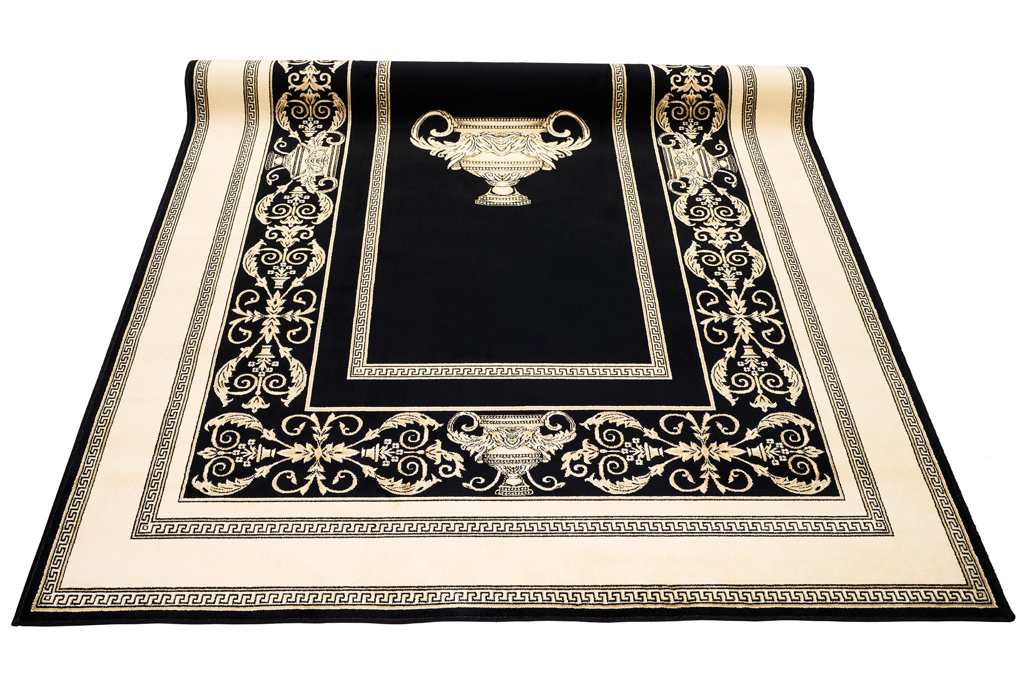 Luxus Designer Teppich Mike Milano in Schwarz Gold mit Amphore Motiv - 100% Viskose hochwertig, rutschfest, allergikerfreundlich, Fußbodenheizung geeignet