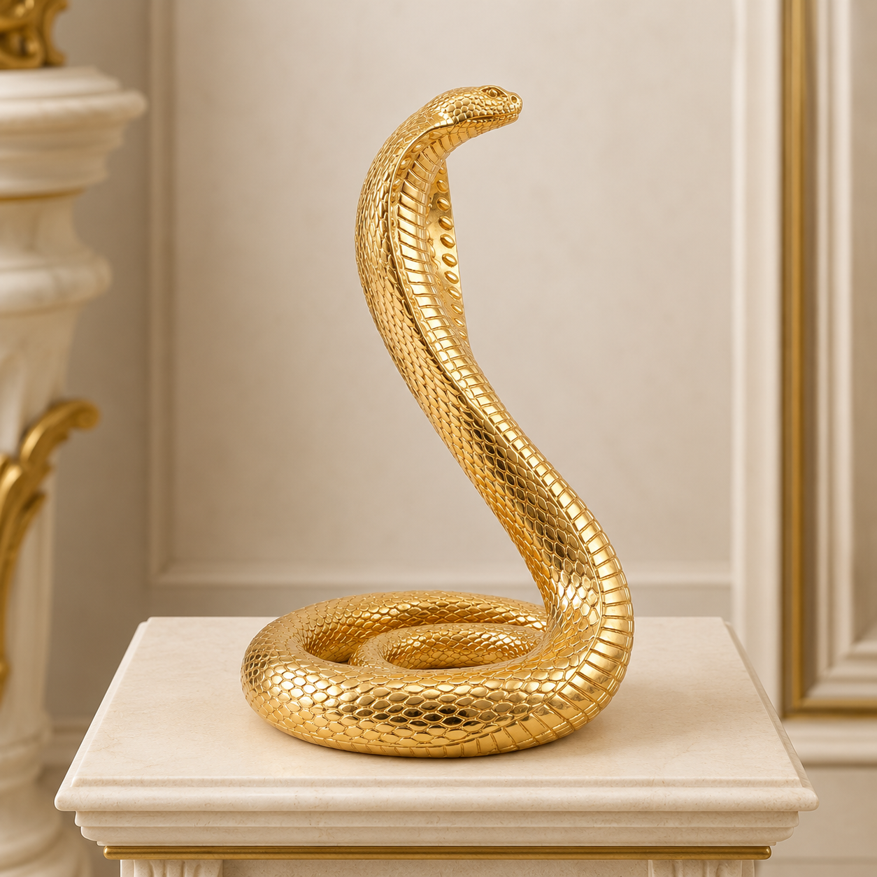 Exklusive Kobra Skulptur aus Resin – Elegante Schlange Deko-Figur in Hochglanz-Gold, 41 cm Höhe – Moderne Design-Statue für Wohnzimmer & Büro