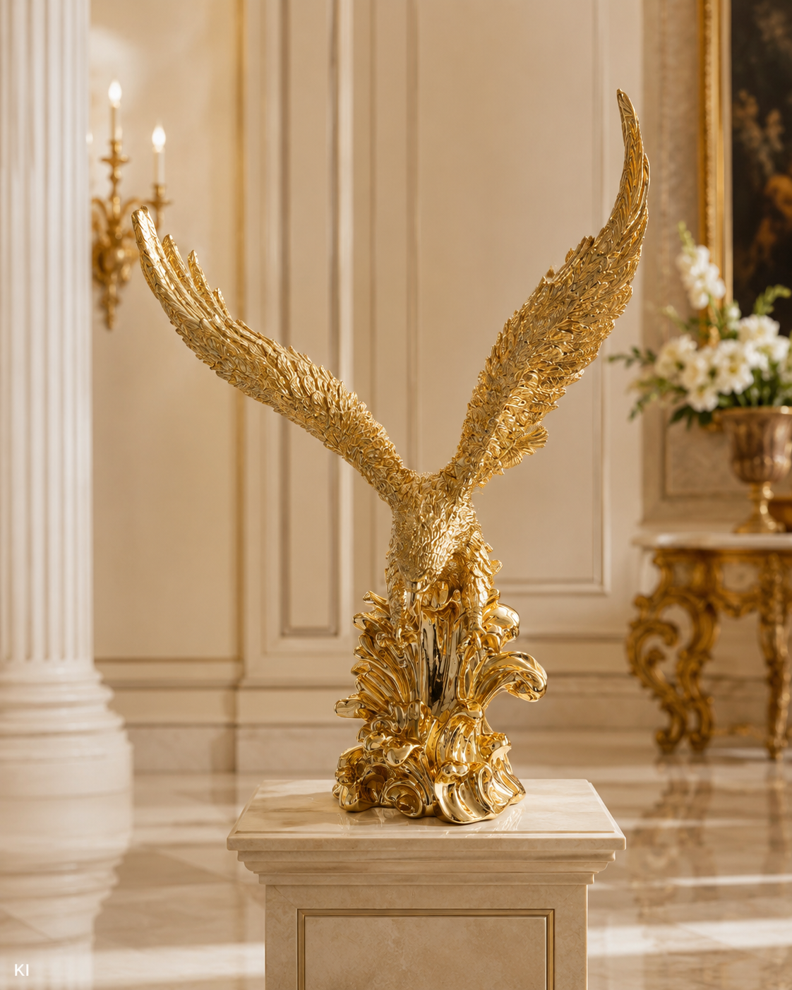 Luxus Deko-Adler Skulptur in Gold | Resin Kunstharz Adlerfigur (Höhe 66 cm) für exklusive Wohnkonzepte