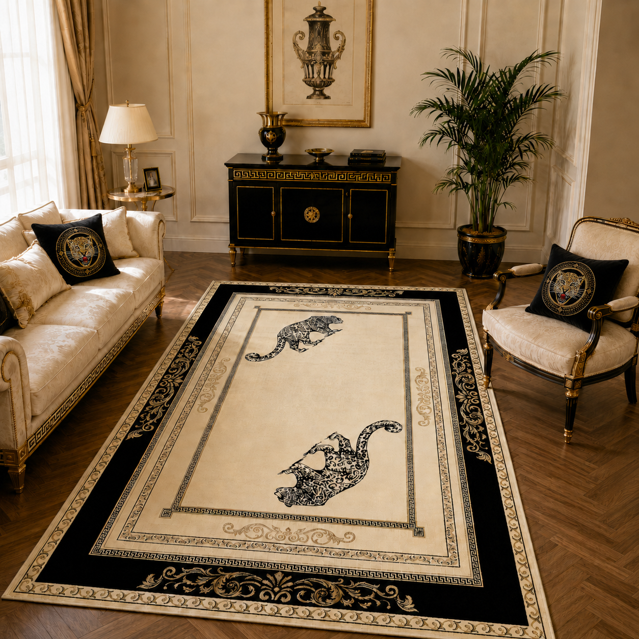 Luxus Teppich Jaguar Motiv - schwarz beige gold - 100% Viskose