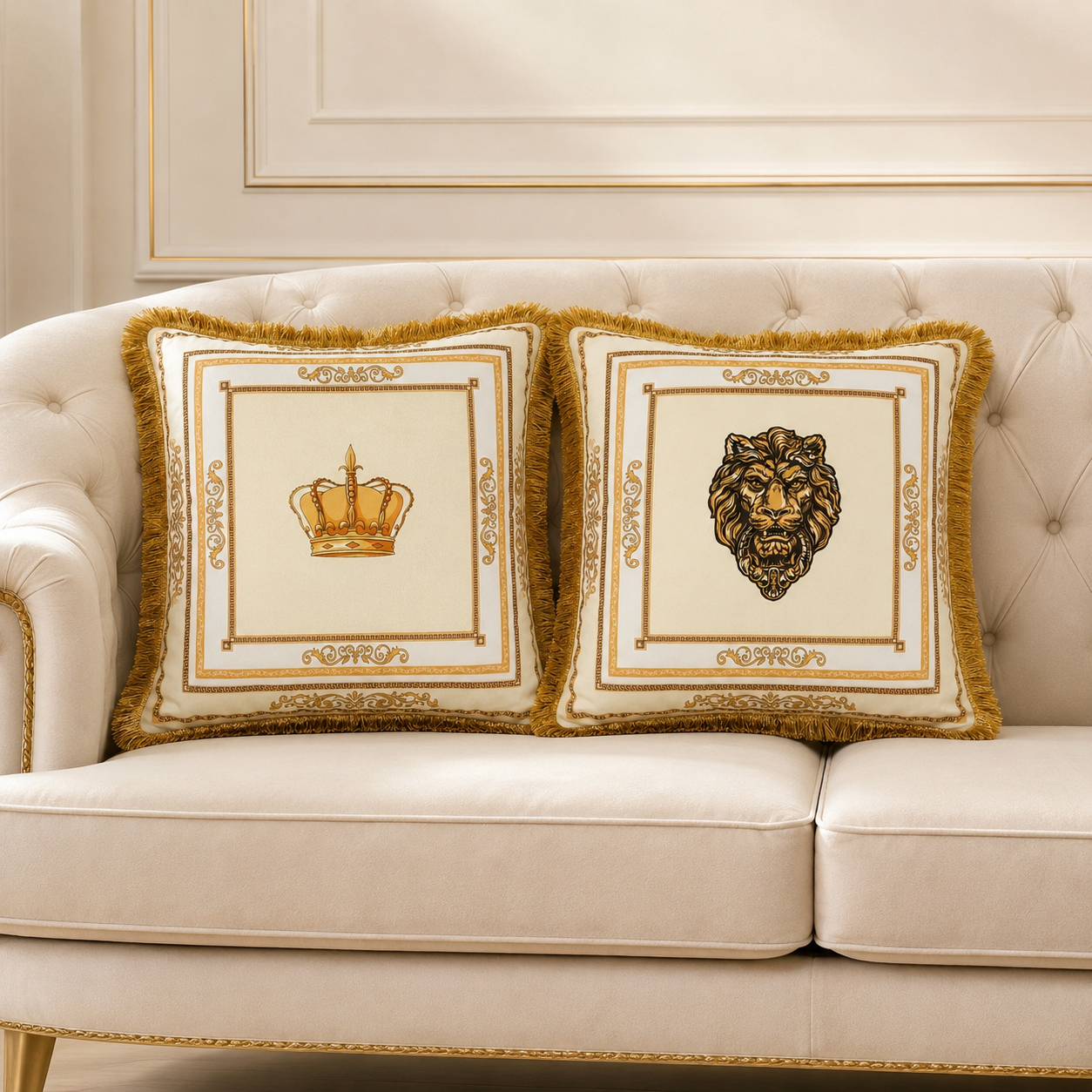 Luxus Samt-Kissen mit Löwen- oder Kronenmotiv – Elegantes Wohnaccessoire in Beige/Weiß (45x45 & 60x60 cm)