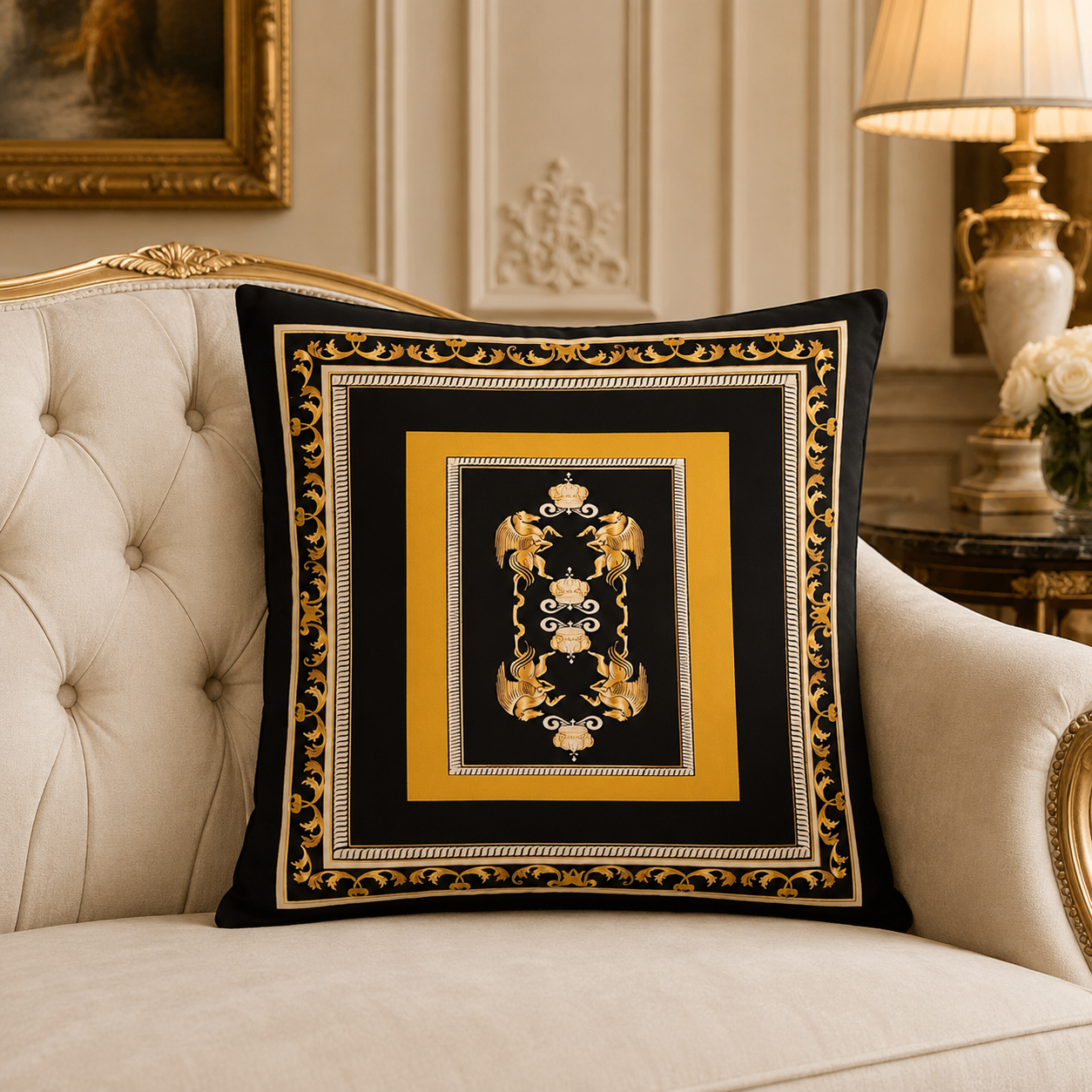 Cushion Pegasus Velour look in black gold with crown - soft & comfortable
