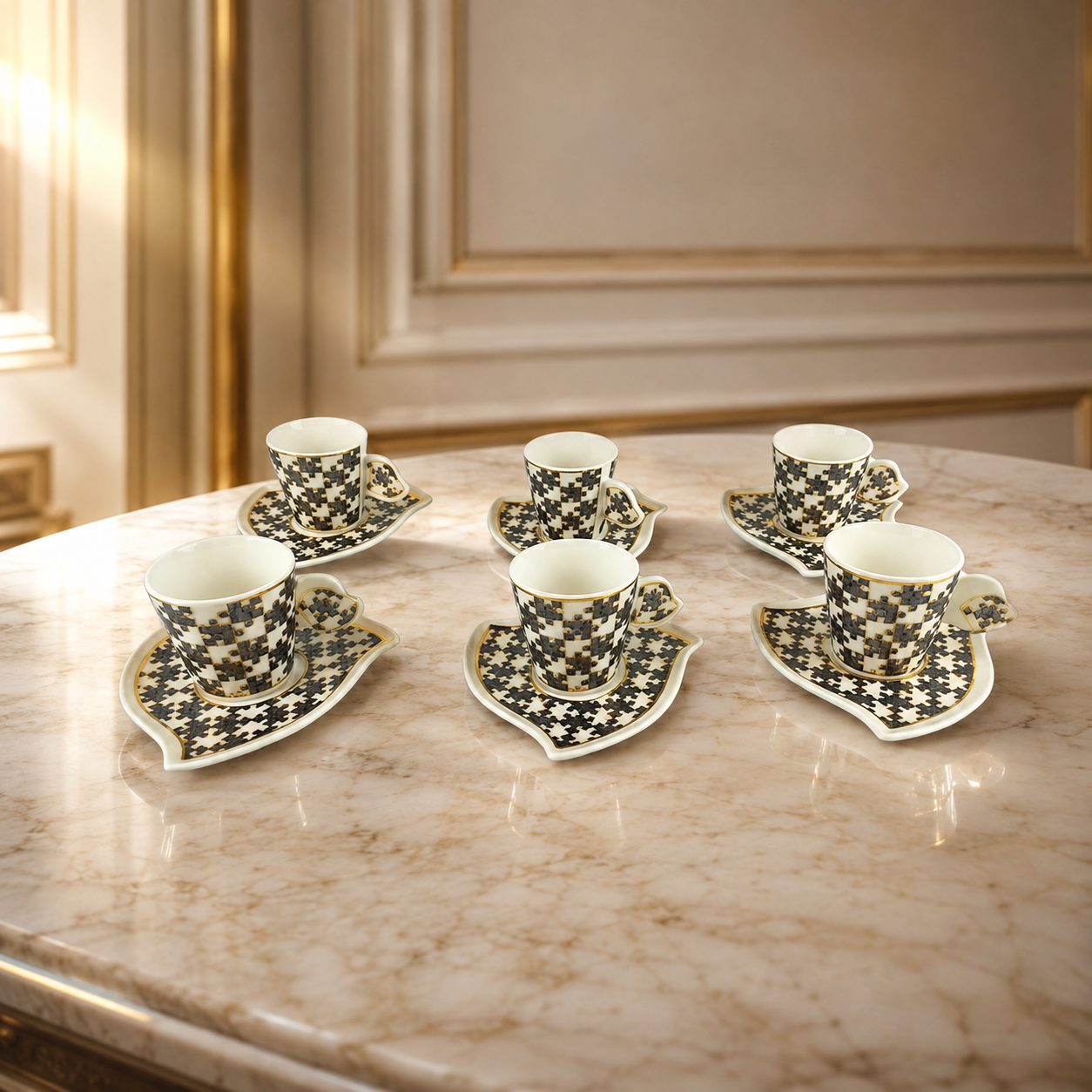 Set of espresso cups with puzzle motif made of ceramic