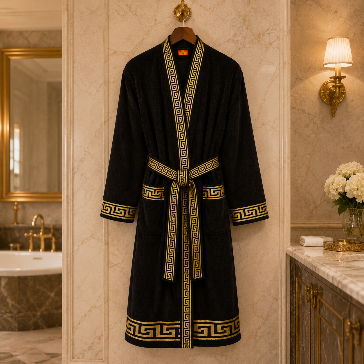 Luxus Bademantel Kimono Mäander in schwarz gold für Damen & Herren - 100% Baumwolle