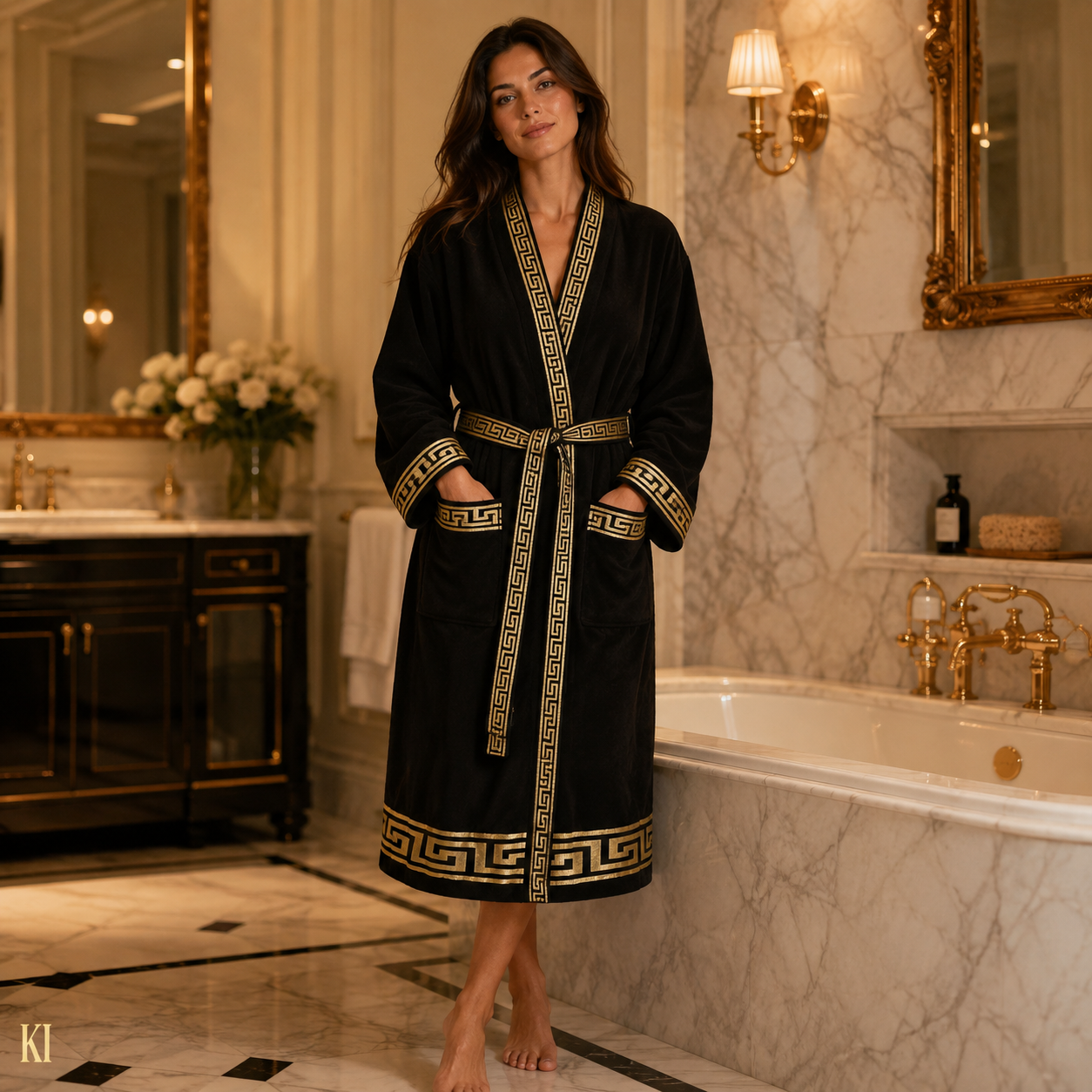 Luxus Bademantel Kimono Mäander in schwarz gold für Damen & Herren - 100% Baumwolle