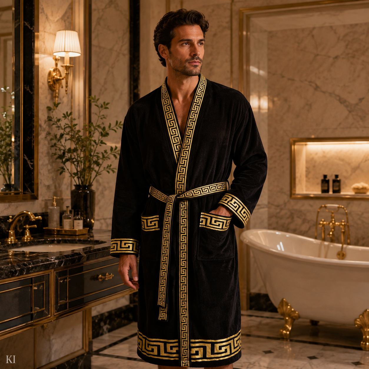 Luxus Bademantel Kimono Mäander in schwarz gold für Damen & Herren - 100% Baumwolle
