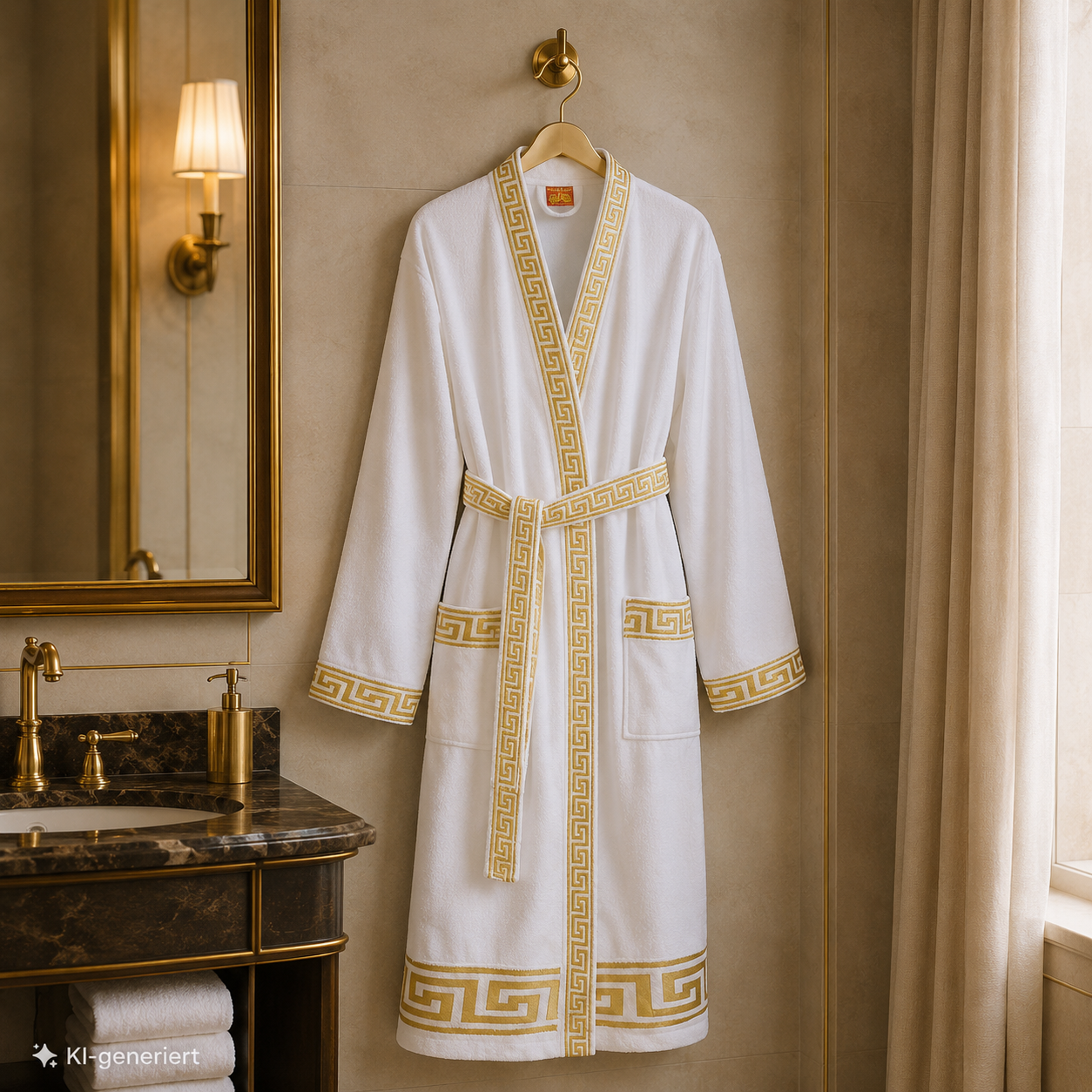 Luxus Bademantel Kimono Mäander in weiss gold für Damen & Herren - 100% Baumwolle